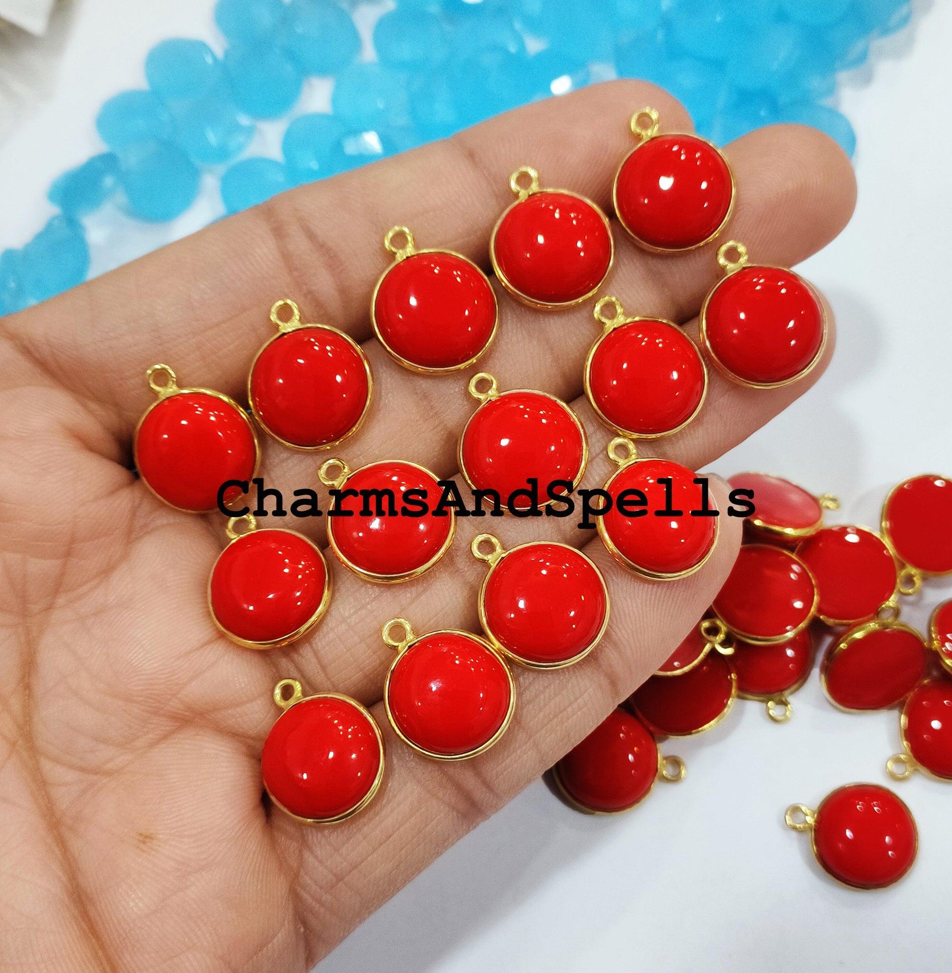 15x17mm Coral Bezel Connectors, Findings, Red Coral 14K Gold Plated Single Bail Connectors, Red Gemstone - Charms And Spells