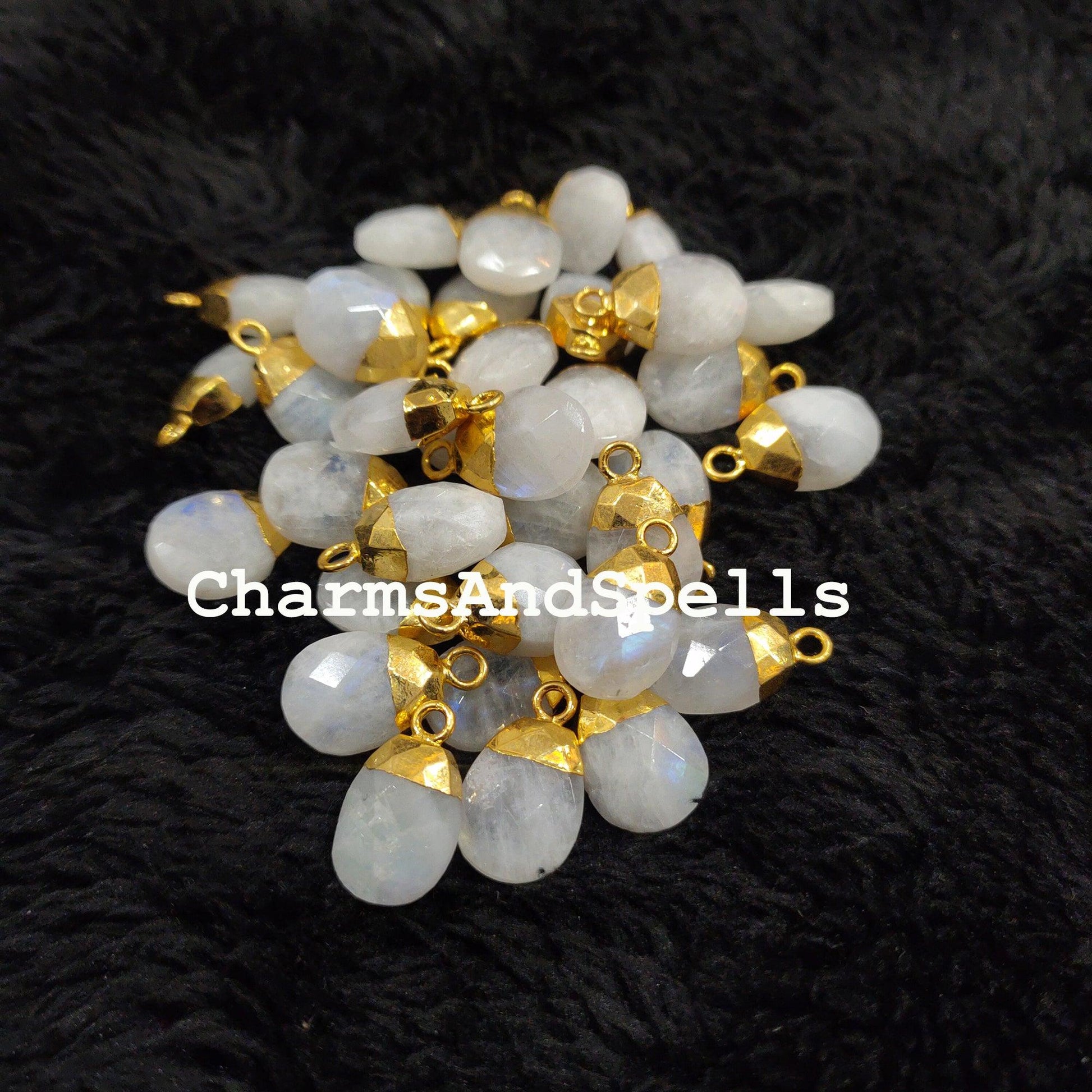 Genuine Rainbow Moonstone Connectors, Faceted Electroplated Connectors, Healing Charms, Gold Plated Connectors - Charms And Spells