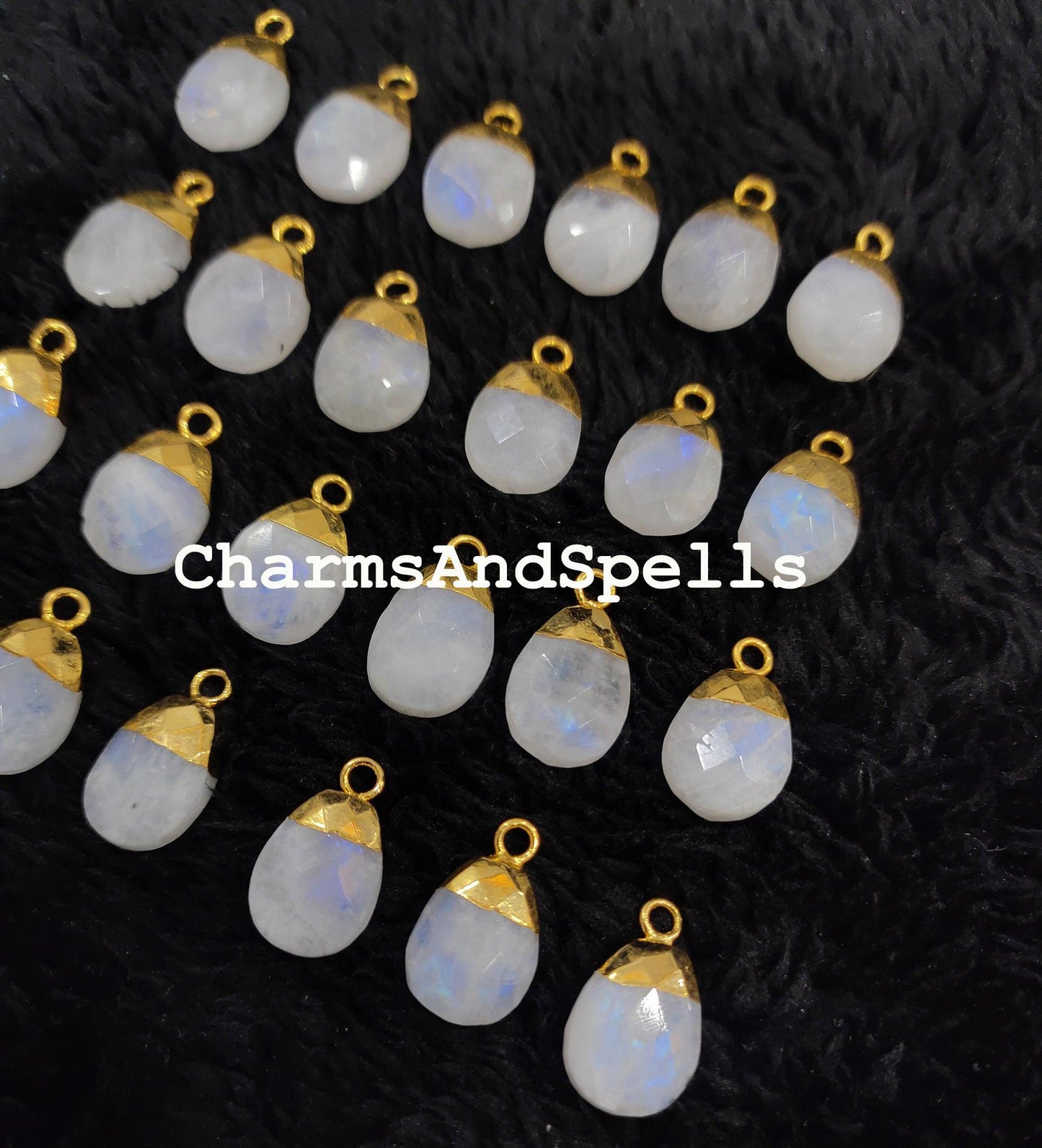 Genuine Rainbow Moonstone Connectors, Faceted Electroplated Connectors, Healing Charms, Gold Plated Connectors - Charms And Spells