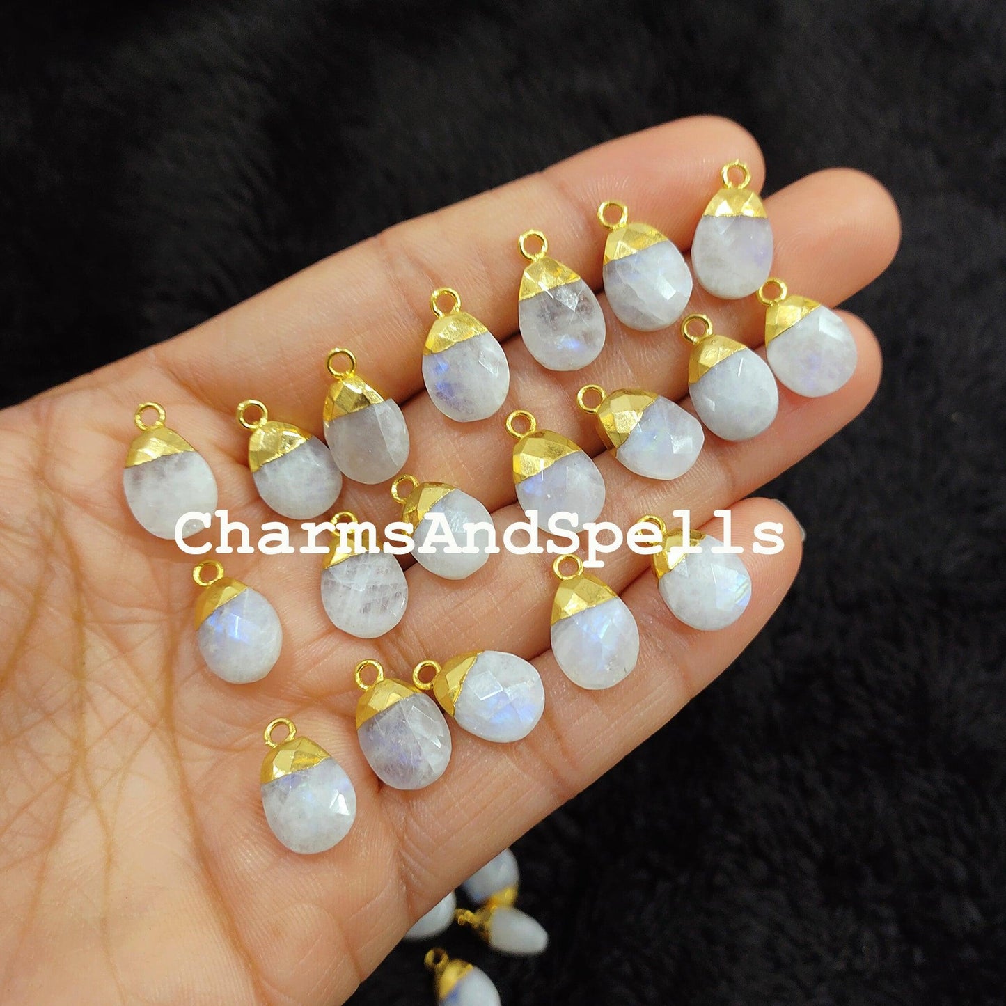 Genuine Rainbow Moonstone Connectors, Faceted Electroplated Connectors, Healing Charms, Gold Plated Connectors - Charms And Spells