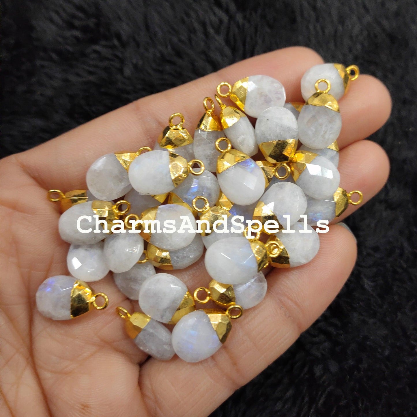 Genuine Rainbow Moonstone Connectors, Faceted Electroplated Connectors, Healing Charms, Gold Plated Connectors - Charms And Spells