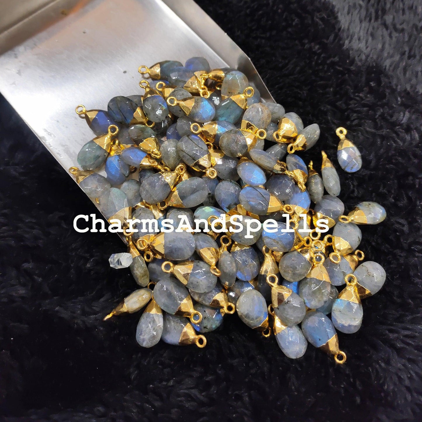 Flashy Labradorite Pendant, Electroplated Charms, 10x23mm Gold Plated Pendant Charms, Healing Labradorite Charms - Charms And Spells