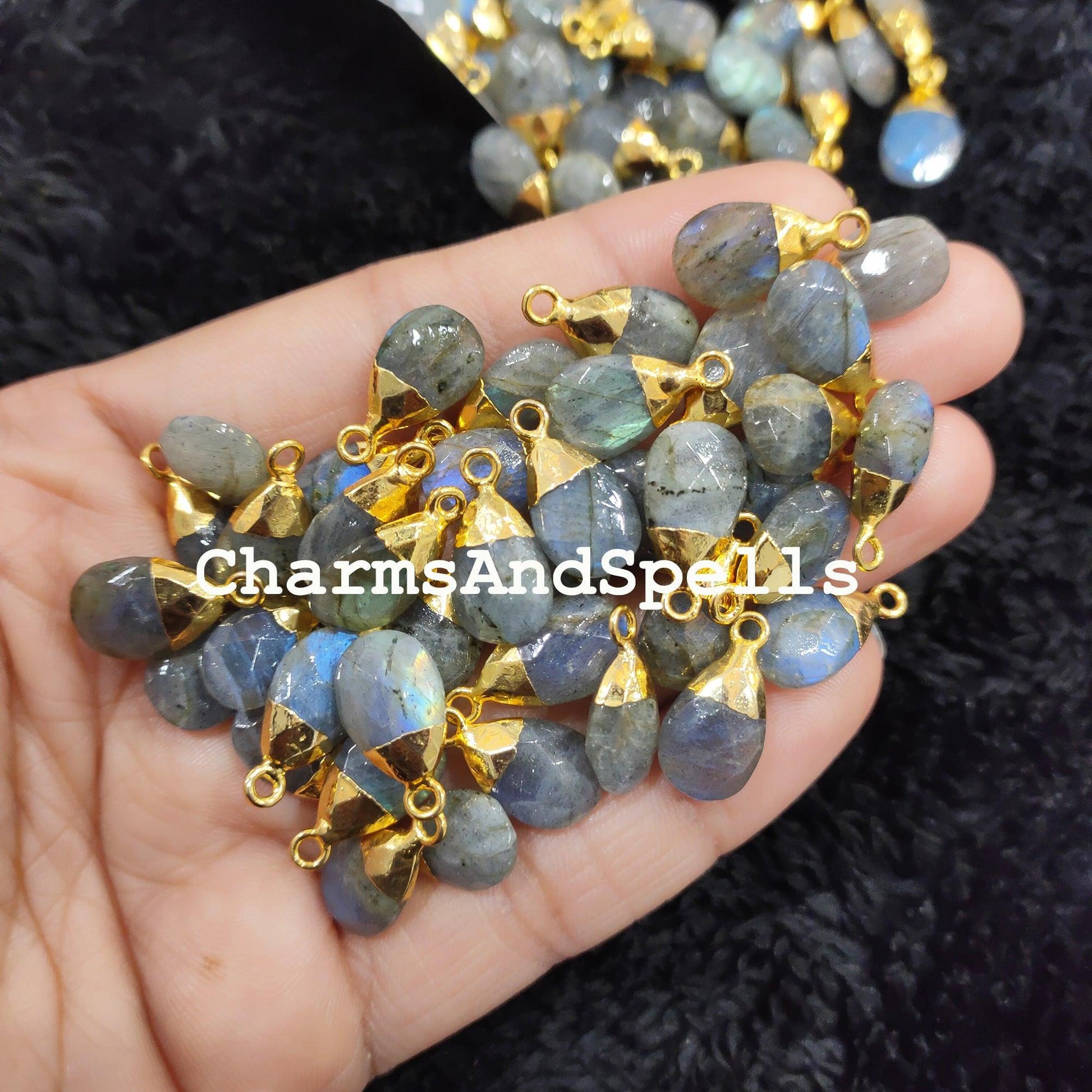 Flashy Labradorite Pendant, Electroplated Charms, 10x23mm Gold Plated Pendant Charms, Healing Labradorite Charms - Charms And Spells