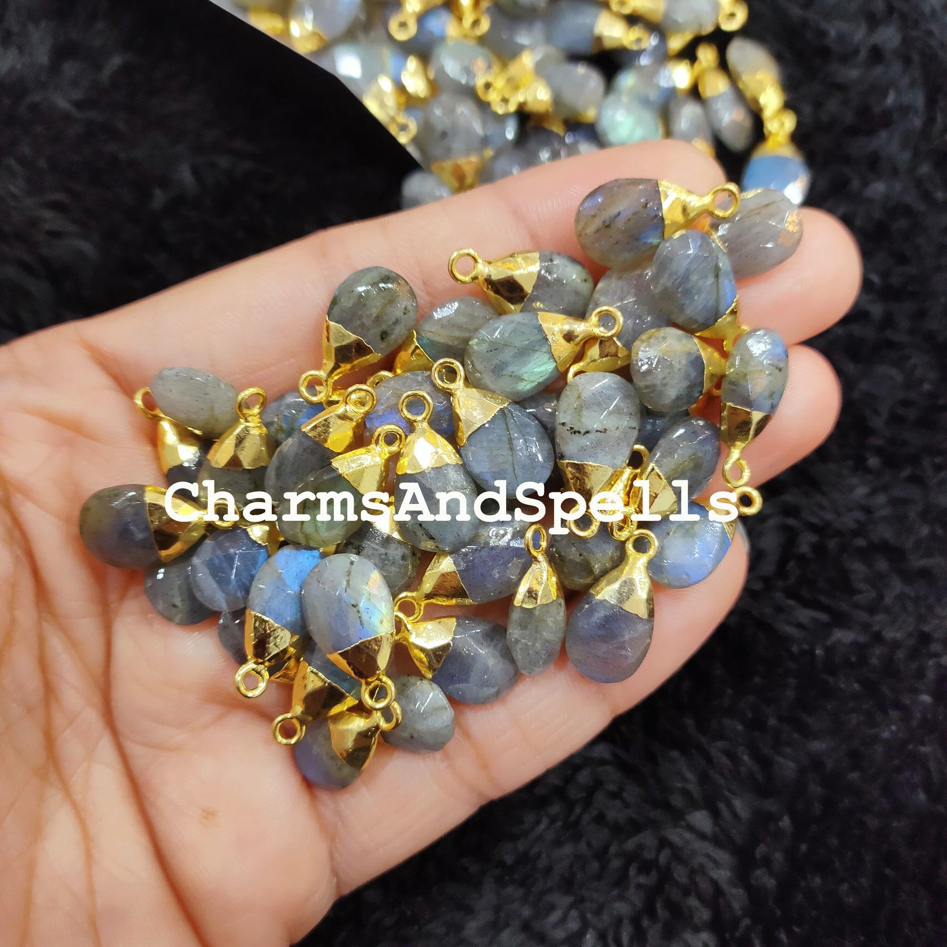 Flashy Labradorite Pendant, Electroplated Charms, 10x23mm Gold Plated Pendant Charms, Healing Labradorite Charms - Charms And Spells