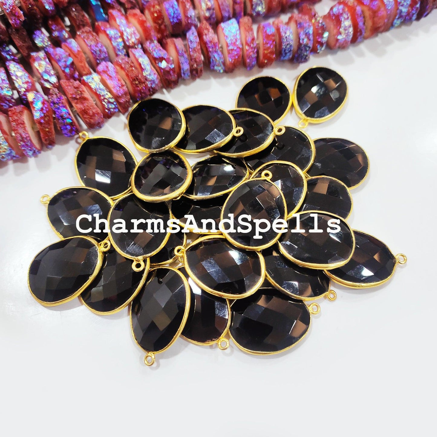 Black Onyx Pendant Connector, 20x27mm Gold Plated Pendant, Single Bail, Boho Connector, DIY Pendant/Earring Connector - Charms And Spells