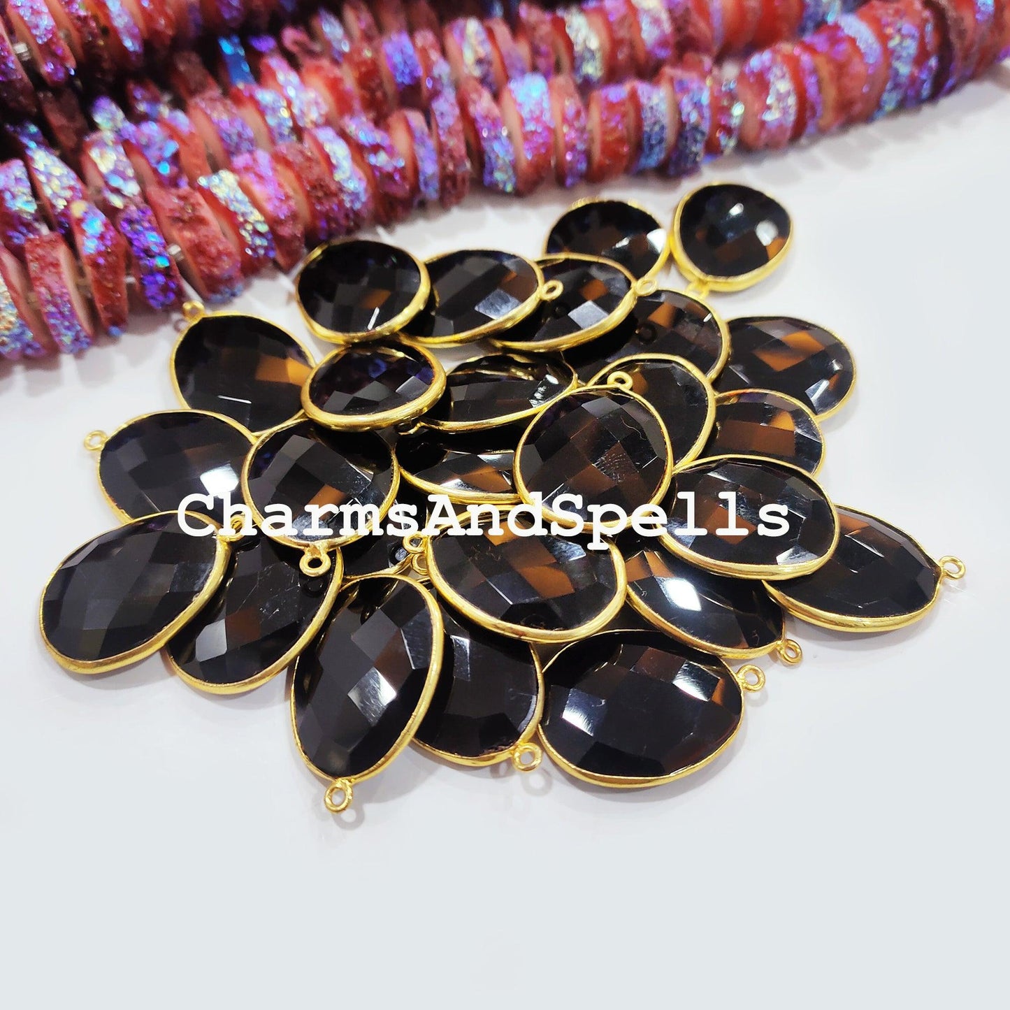 Black Onyx Pendant Connector, 20x27mm Gold Plated Pendant, Single Bail, Boho Connector, DIY Pendant/Earring Connector - Charms And Spells