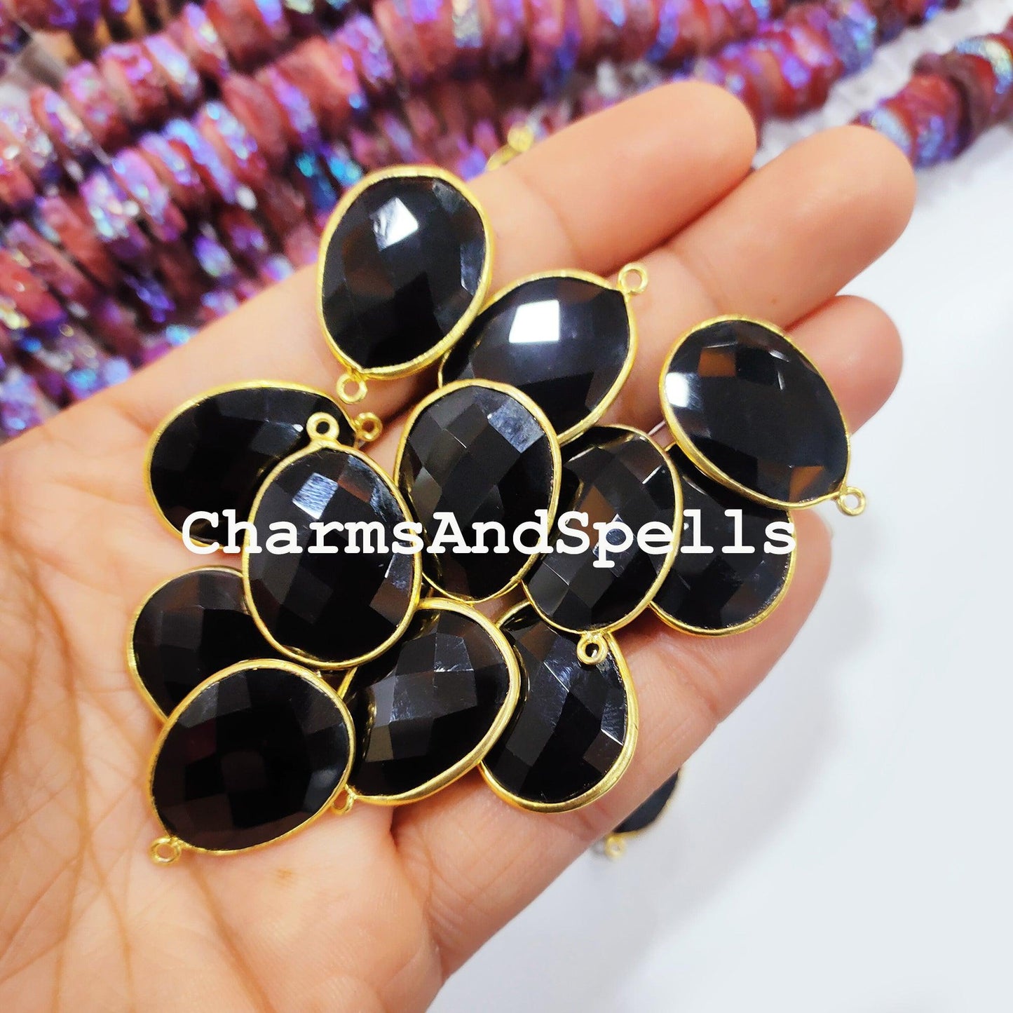 Black Onyx Pendant Connector, 20x27mm Gold Plated Pendant, Single Bail, Boho Connector, DIY Pendant/Earring Connector - Charms And Spells