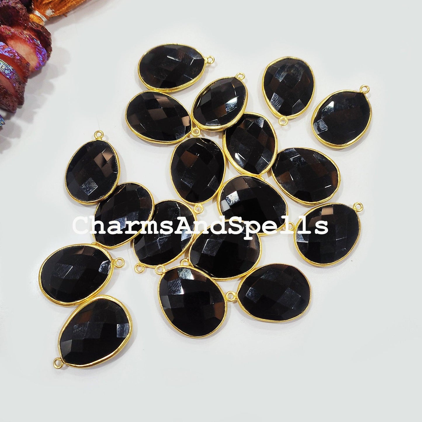 Black Onyx Pendant Connector, 20x27mm Gold Plated Pendant, Single Bail, Boho Connector, DIY Pendant/Earring Connector - Charms And Spells