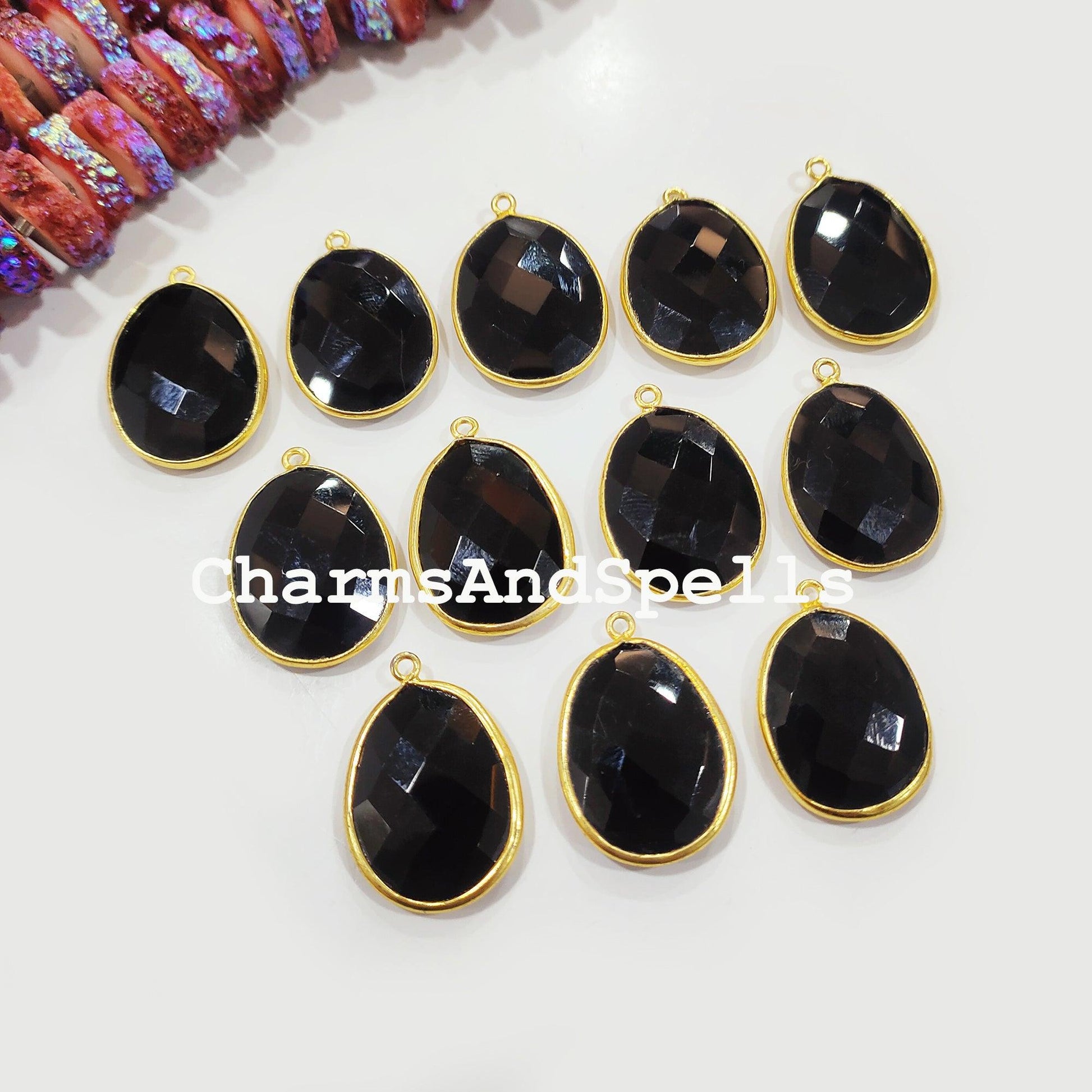 Black Onyx Pendant Connector, 20x27mm Gold Plated Pendant, Single Bail, Boho Connector, DIY Pendant/Earring Connector - Charms And Spells