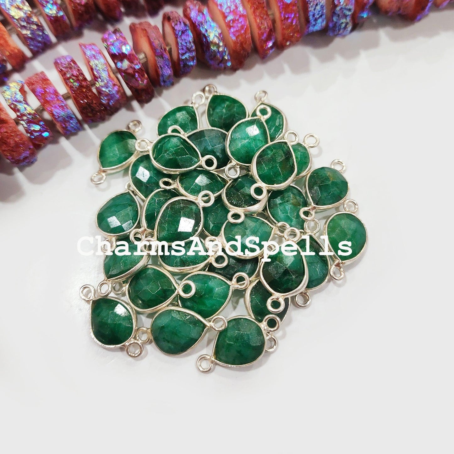 Ethnic Emerald Pear Connectors, Faceted Emerald Double Bail Connector, May Birthstone, 925 Silver Plated Connector, Emerald Charm - Charms And Spells