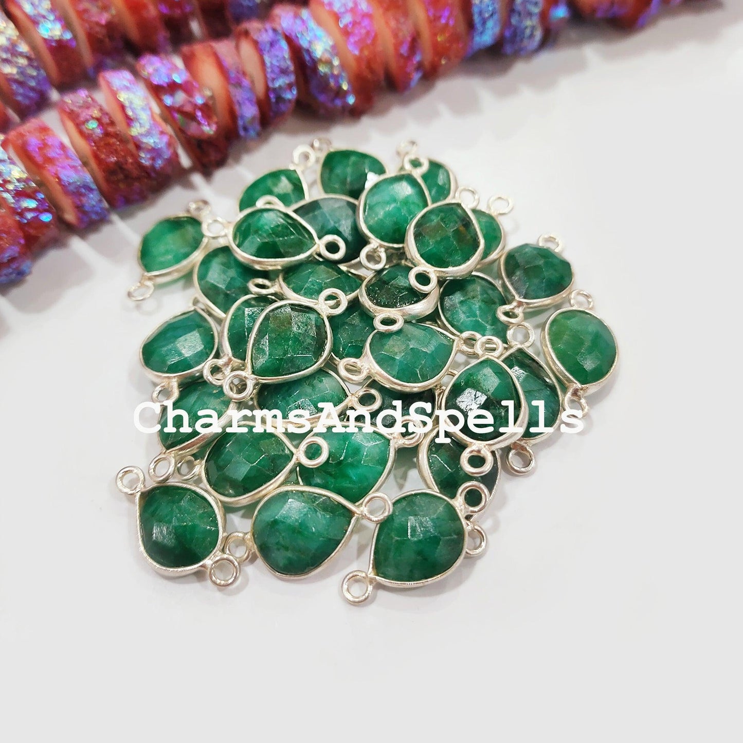 Ethnic Emerald Pear Connectors, Faceted Emerald Double Bail Connector, May Birthstone, 925 Silver Plated Connector, Emerald Charm - Charms And Spells