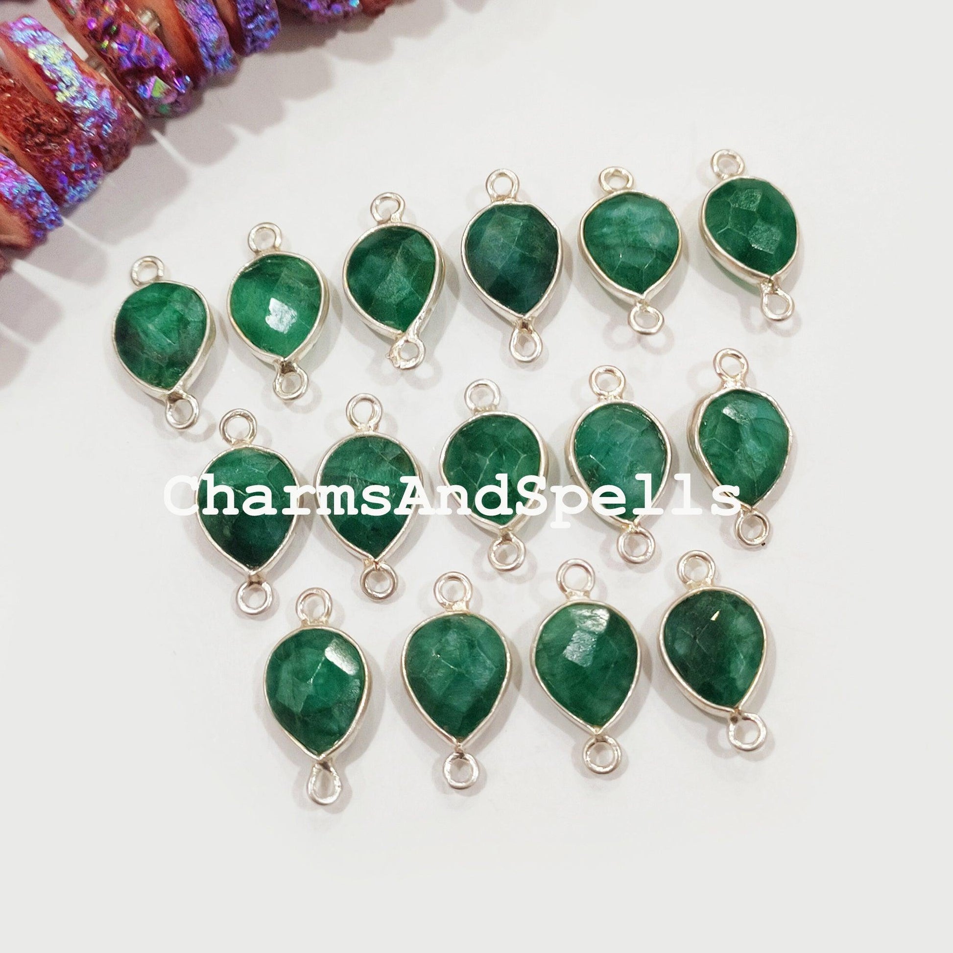 Ethnic Emerald Pear Connectors, Faceted Emerald Double Bail Connector, May Birthstone, 925 Silver Plated Connector, Emerald Charm - Charms And Spells