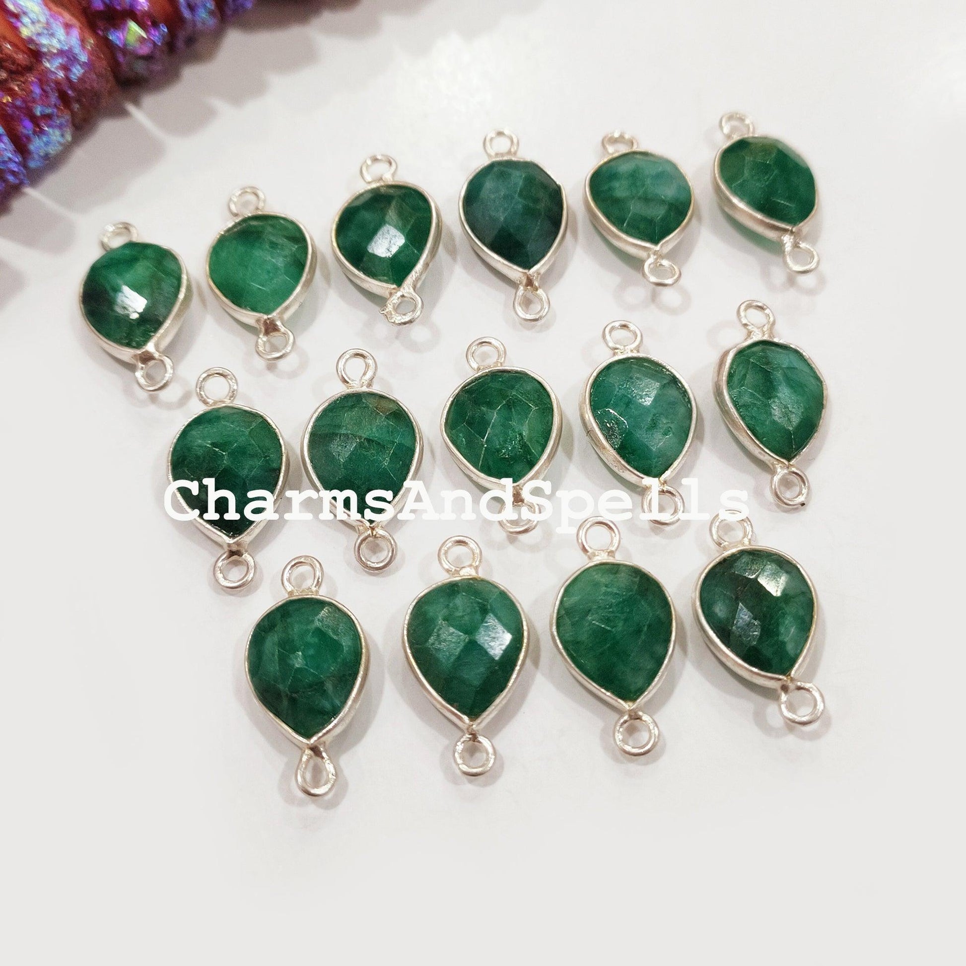 Ethnic Emerald Pear Connectors, Faceted Emerald Double Bail Connector, May Birthstone, 925 Silver Plated Connector, Emerald Charm - Charms And Spells