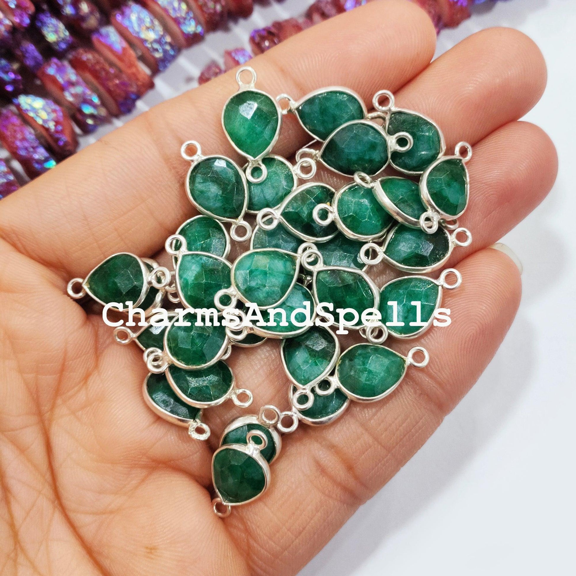 Ethnic Emerald Pear Connectors, Faceted Emerald Double Bail Connector, May Birthstone, 925 Silver Plated Connector, Emerald Charm - Charms And Spells