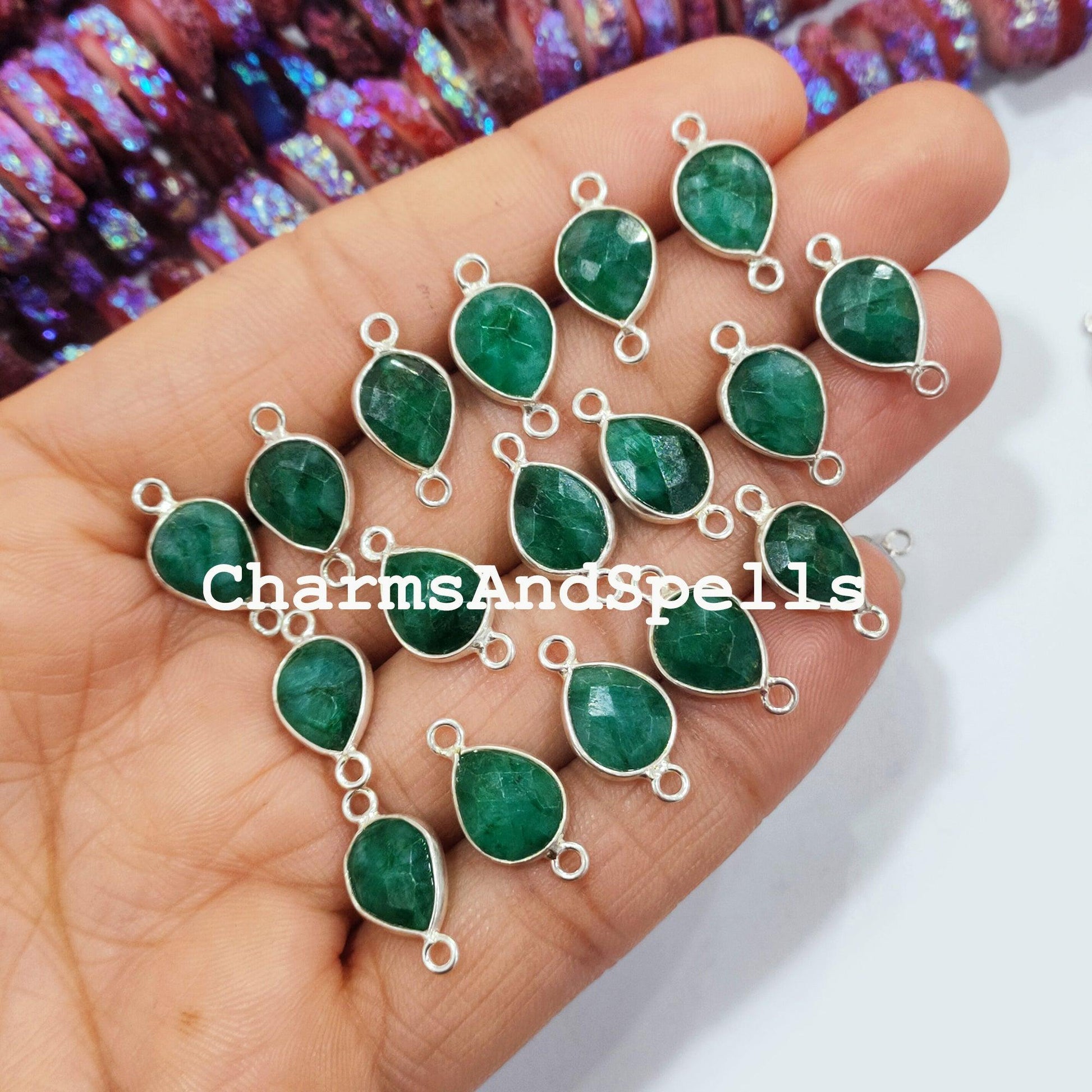 Ethnic Emerald Pear Connectors, Faceted Emerald Double Bail Connector, May Birthstone, 925 Silver Plated Connector, Emerald Charm - Charms And Spells