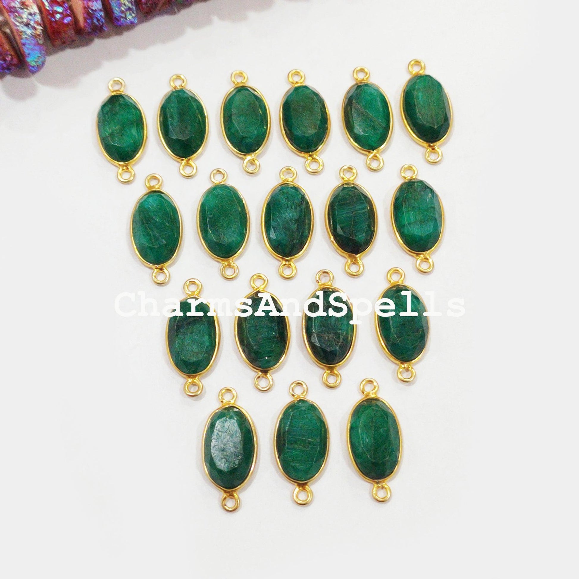 Emerald Connectors, Faceted Emerald Double Bail Connectors, 14K Gold Plated Connector, Green Emerald Charm Connector - Charms And Spells