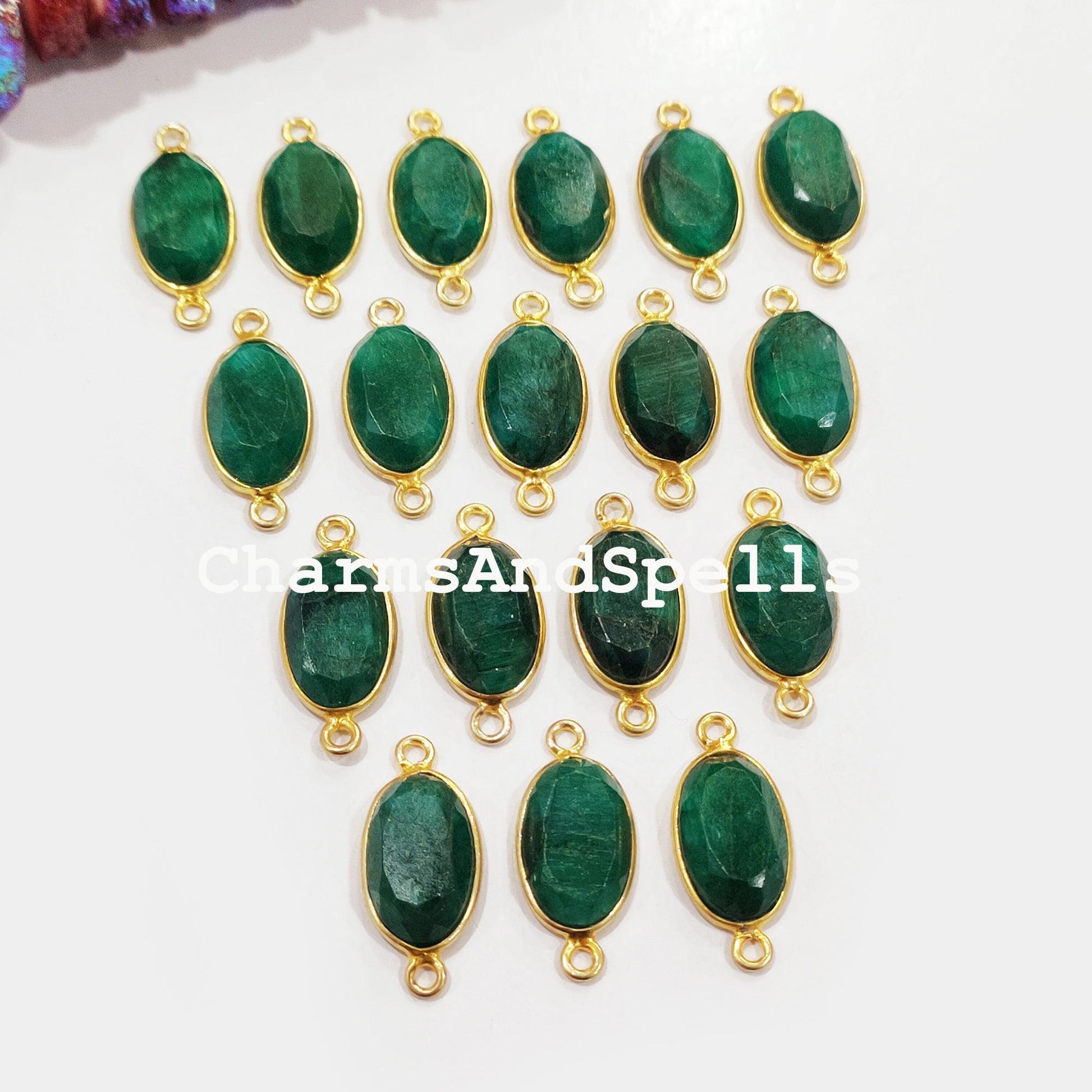 Emerald Connectors, Faceted Emerald Double Bail Connectors, 14K Gold Plated Connector, Green Emerald Charm Connector - Charms And Spells