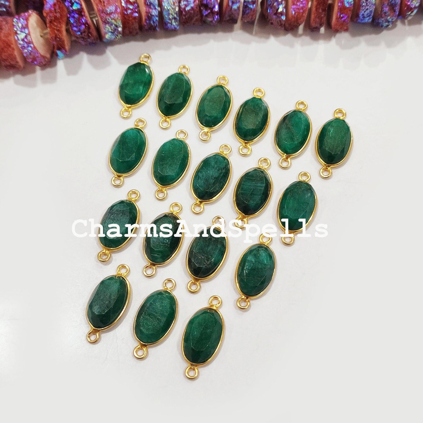 Emerald Connectors, Faceted Emerald Double Bail Connectors, 14K Gold Plated Connector, Green Emerald Charm Connector - Charms And Spells