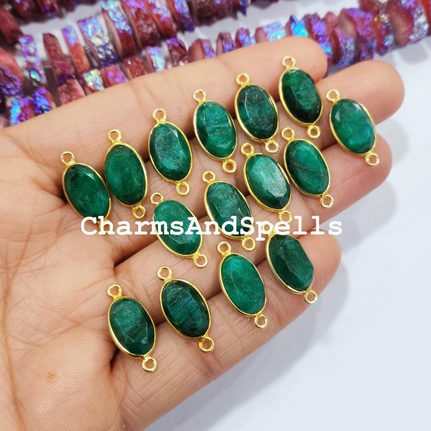 Emerald Connectors, Faceted Emerald Double Bail Connectors, 14K Gold Plated Connector, Green Emerald Charm Connector - Charms And Spells