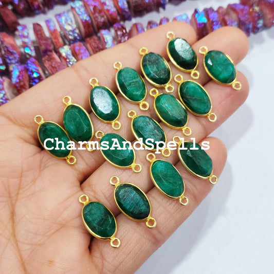 Emerald Connectors, Faceted Emerald Double Bail Connectors, 14K Gold Plated Connector, Green Emerald Charm Connector - Charms And Spells