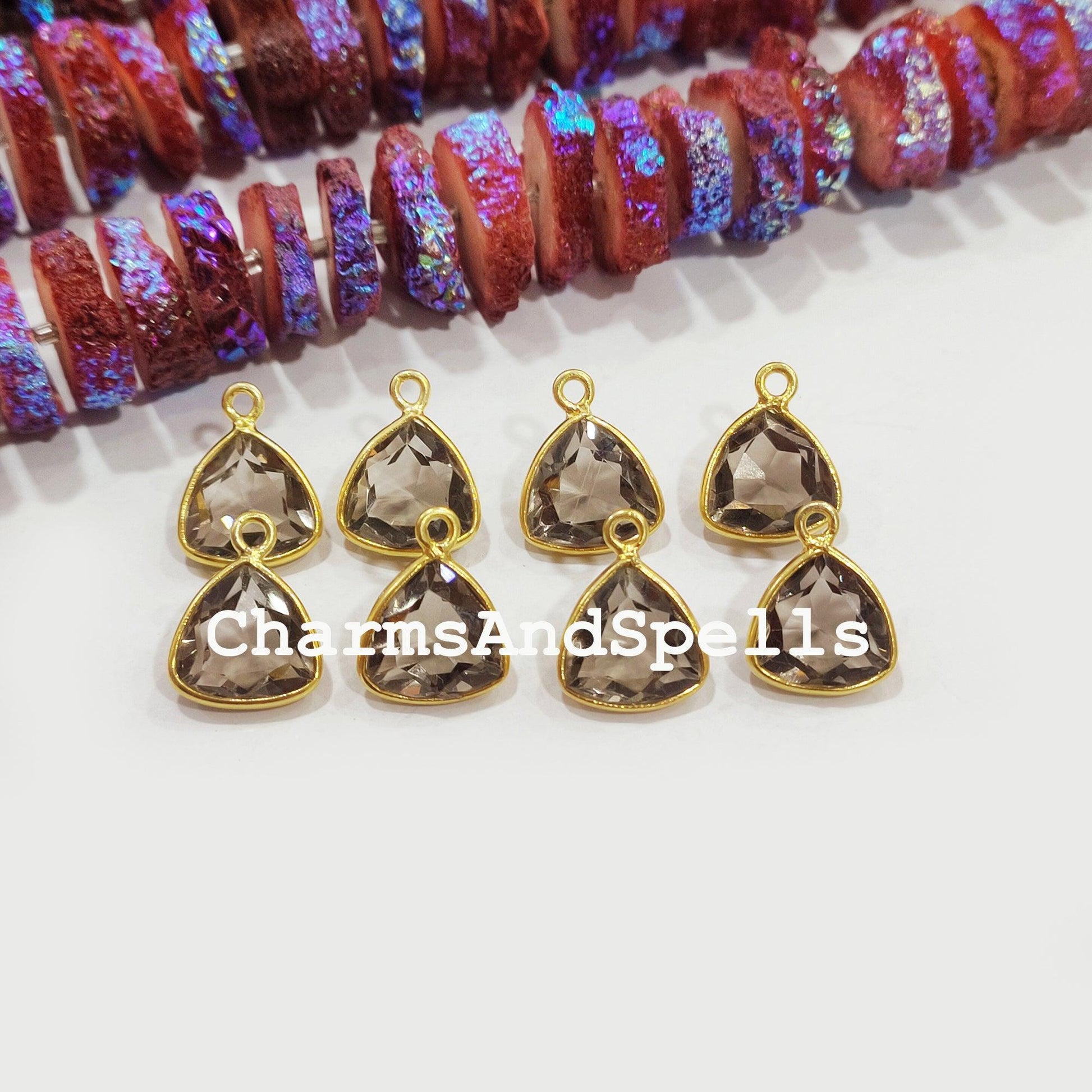 Smoky Quartz Connectors, Tringle Shaped Faceted Gemstone Connector, Earring Connector, Gold Plated, Single Bail Connector - Charms And Spells