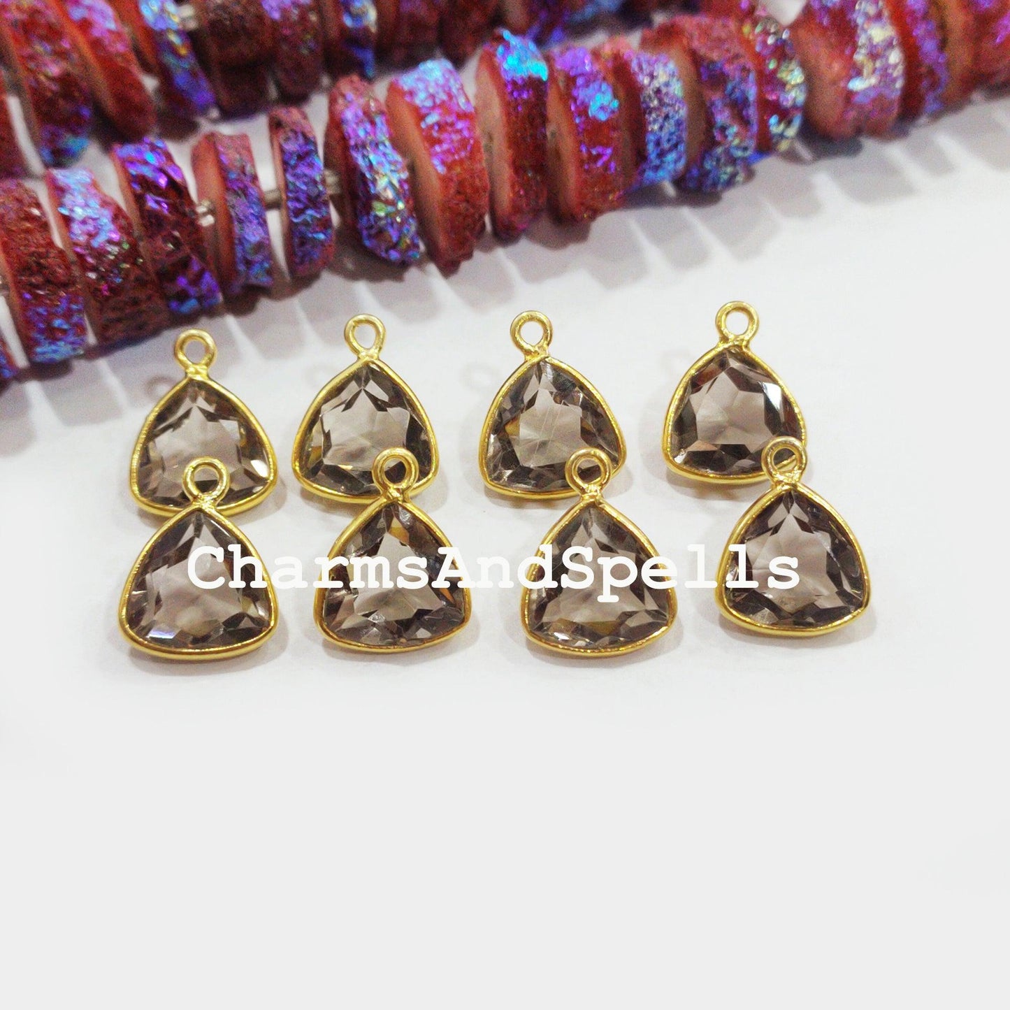 Smoky Quartz Connectors, Tringle Shaped Faceted Gemstone Connector, Earring Connector, Gold Plated, Single Bail Connector - Charms And Spells