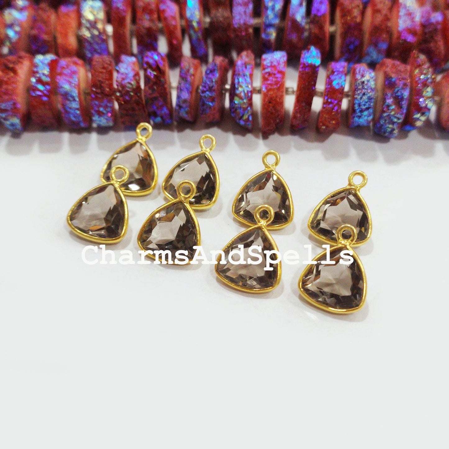 Smoky Quartz Connectors, Tringle Shaped Faceted Gemstone Connector, Earring Connector, Gold Plated, Single Bail Connector - Charms And Spells