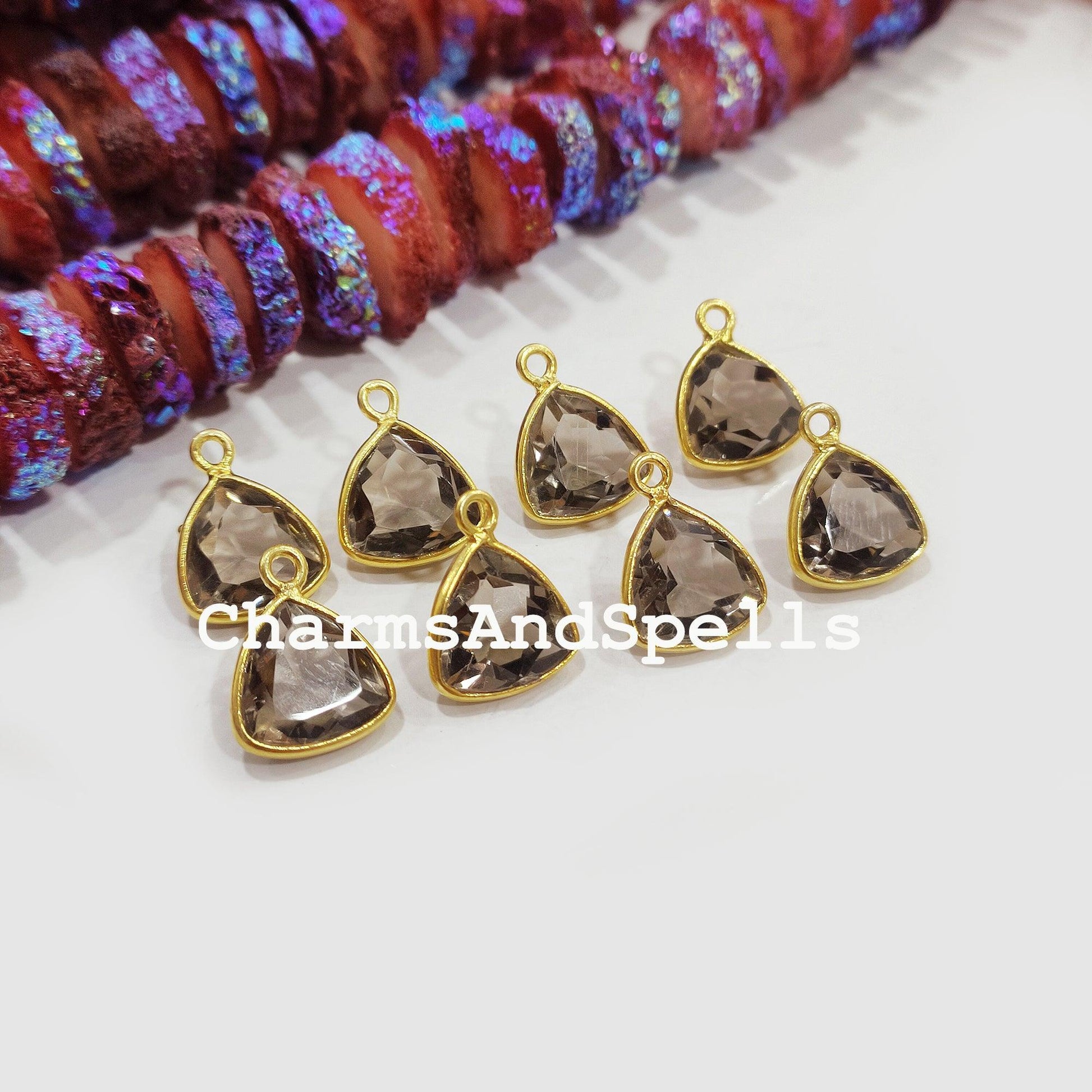 Smoky Quartz Connectors, Tringle Shaped Faceted Gemstone Connector, Earring Connector, Gold Plated, Single Bail Connector - Charms And Spells