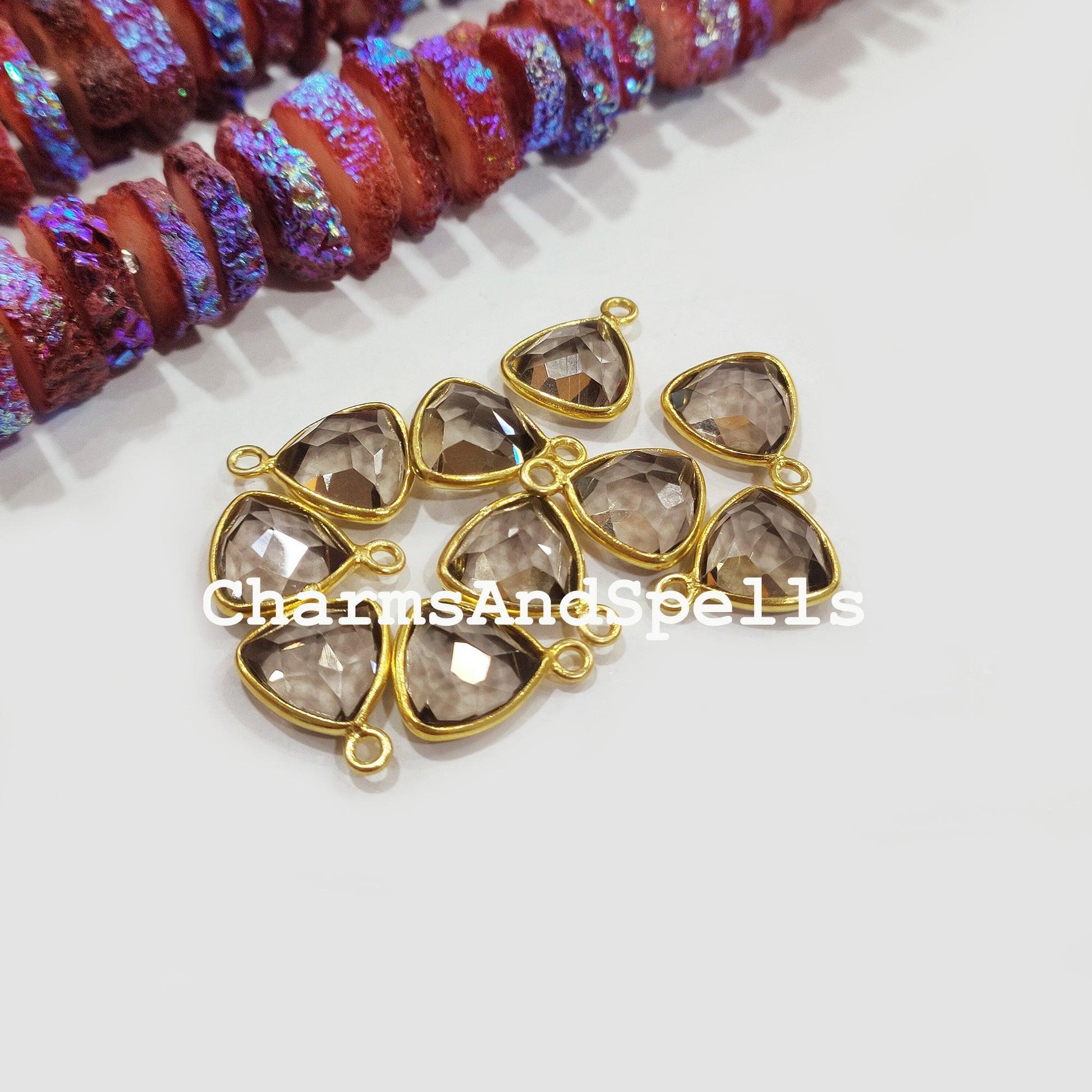 Smoky Quartz Connectors, Tringle Shaped Faceted Gemstone Connector, Earring Connector, Gold Plated, Single Bail Connector - Charms And Spells