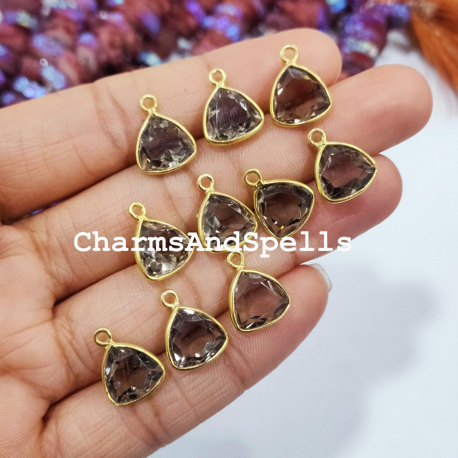 Smoky Quartz Connectors, Tringle Shaped Faceted Gemstone Connector, Earring Connector, Gold Plated, Single Bail Connector - Charms And Spells