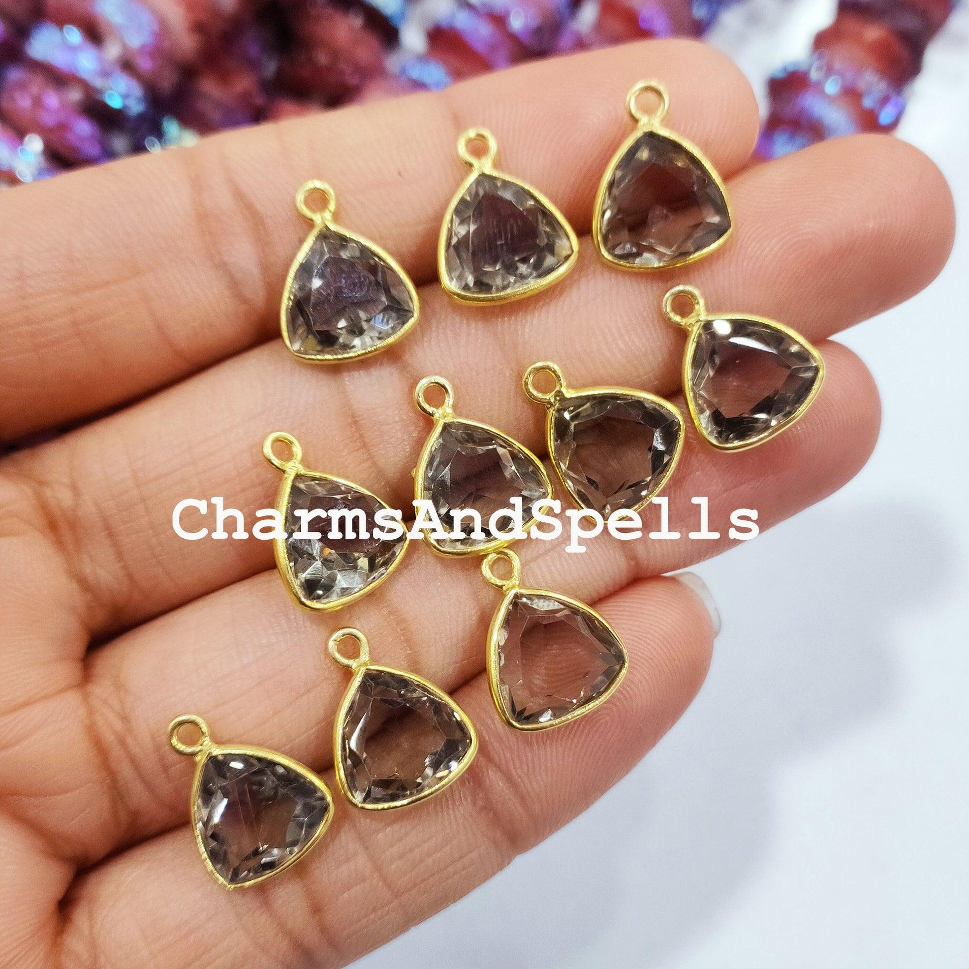 Smoky Quartz Connectors, Tringle Shaped Faceted Gemstone Connector, Earring Connector, Gold Plated, Single Bail Connector - Charms And Spells