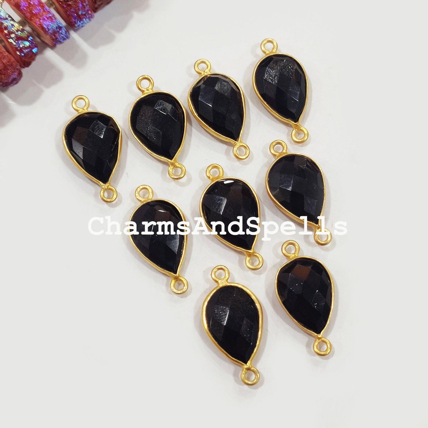 Faceted Black Onyx Pear Shape Connector, 14K Gold Plated Connector & Charms, 12x22mm Faceted Charms Connector - Charms And Spells