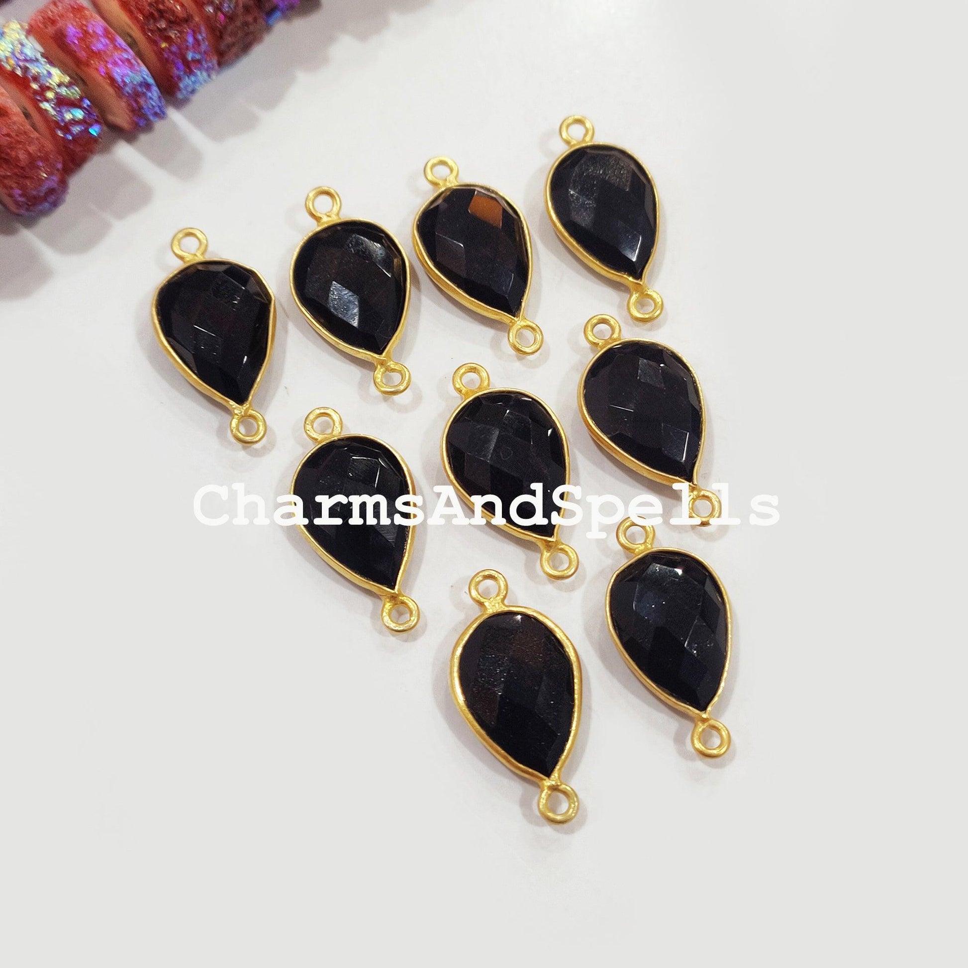 Faceted Black Onyx Pear Shape Connector, 14K Gold Plated Connector & Charms, 12x22mm Faceted Charms Connector - Charms And Spells