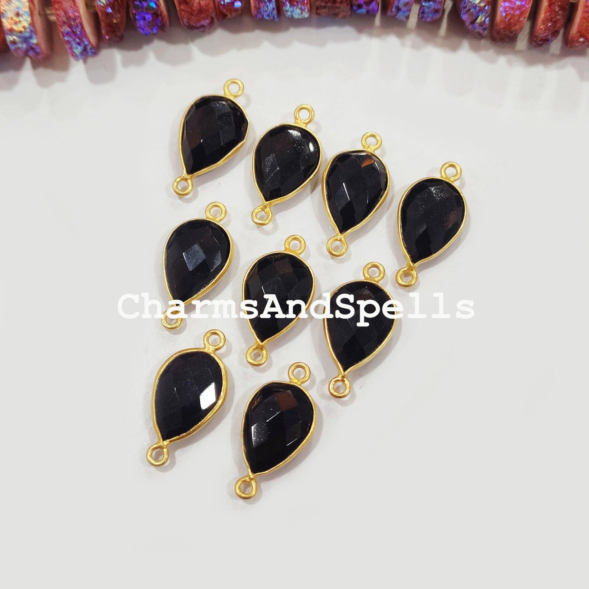 Faceted Black Onyx Pear Shape Connector, 14K Gold Plated Connector & Charms, 12x22mm Faceted Charms Connector - Charms And Spells