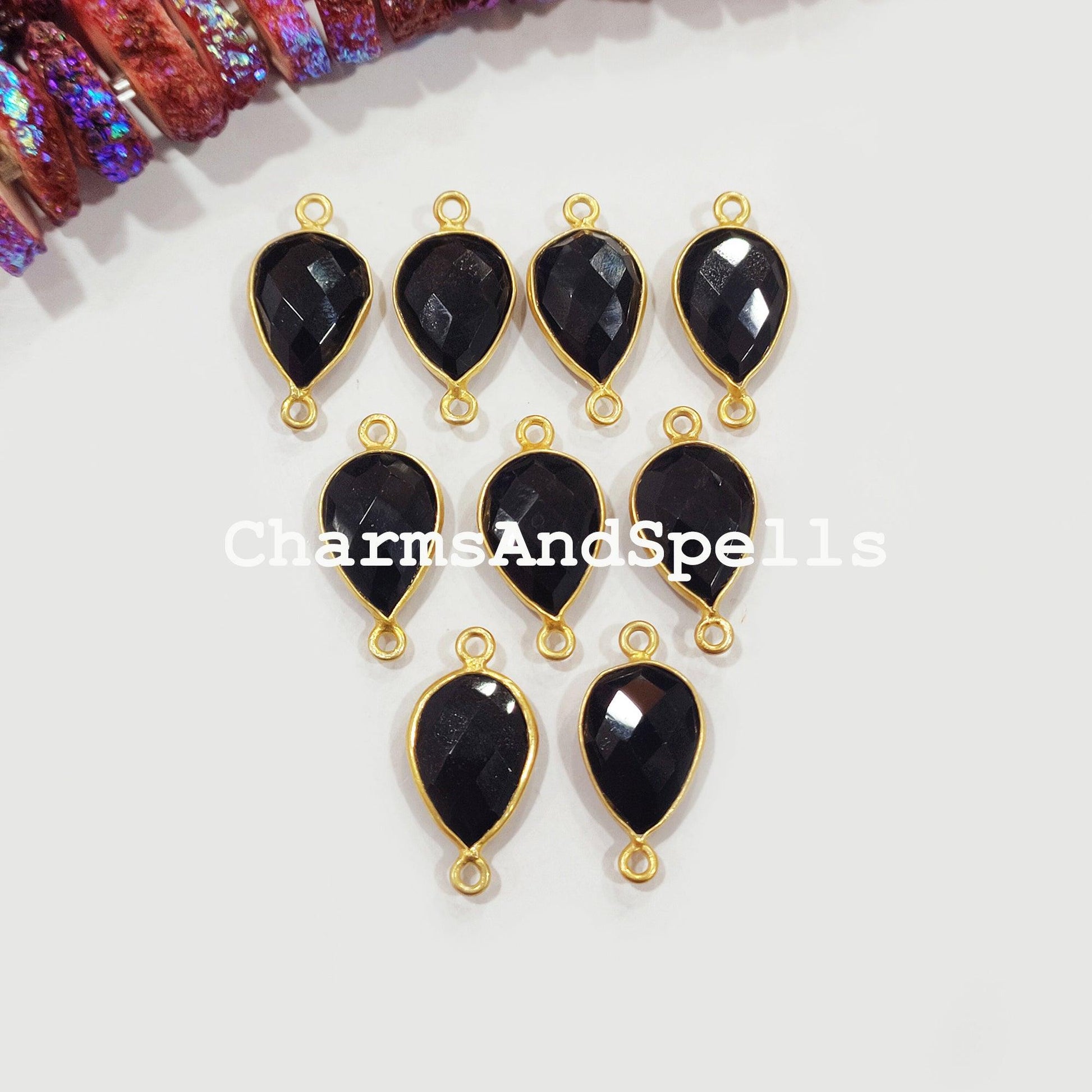 Faceted Black Onyx Pear Shape Connector, 14K Gold Plated Connector & Charms, 12x22mm Faceted Charms Connector - Charms And Spells