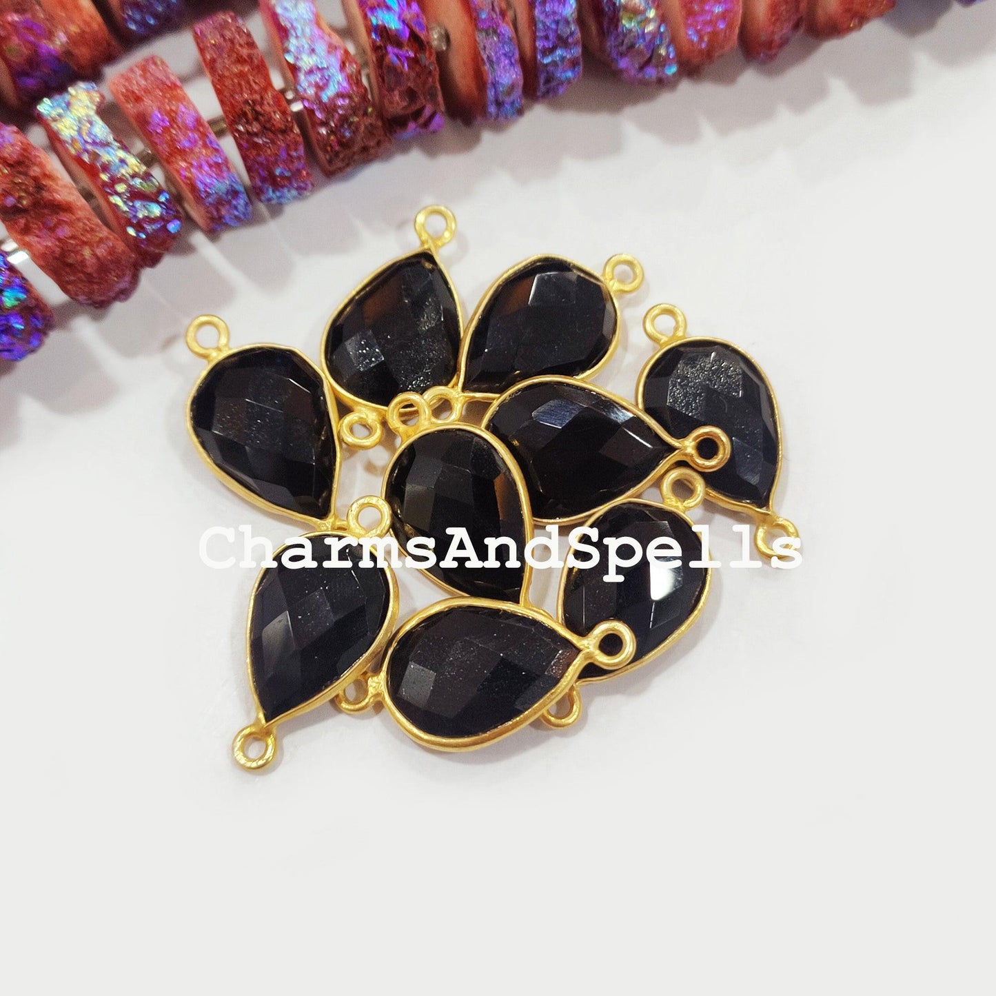 Faceted Black Onyx Pear Shape Connector, 14K Gold Plated Connector & Charms, 12x22mm Faceted Charms Connector - Charms And Spells