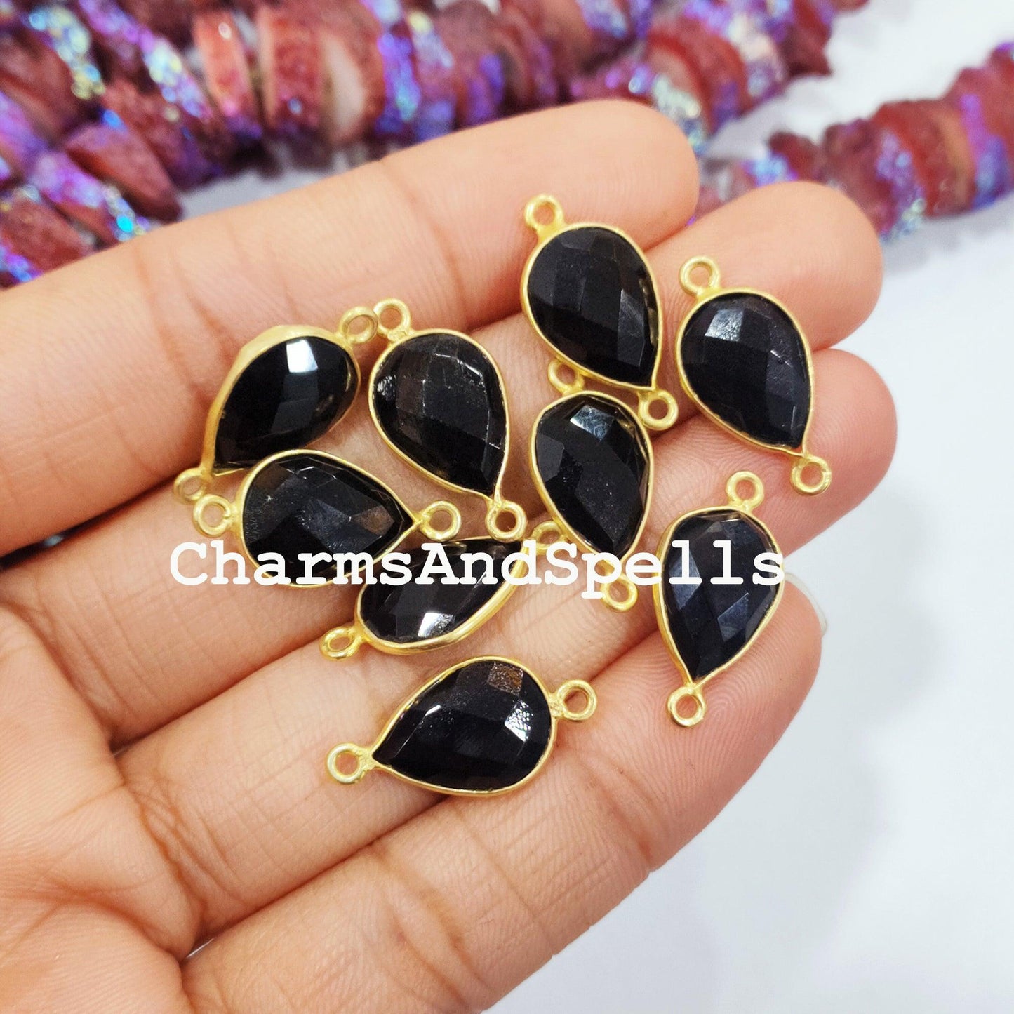 Faceted Black Onyx Pear Shape Connector, 14K Gold Plated Connector & Charms, 12x22mm Faceted Charms Connector - Charms And Spells