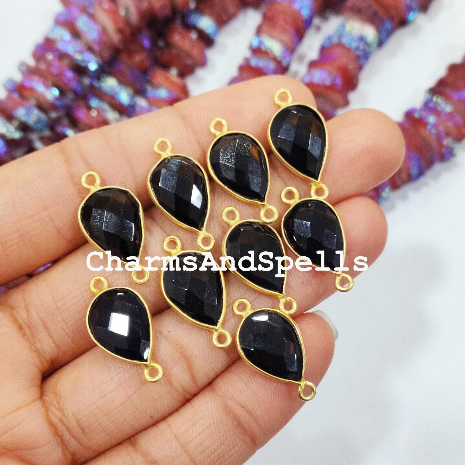 Faceted Black Onyx Pear Shape Connector, 14K Gold Plated Connector & Charms, 12x22mm Faceted Charms Connector - Charms And Spells