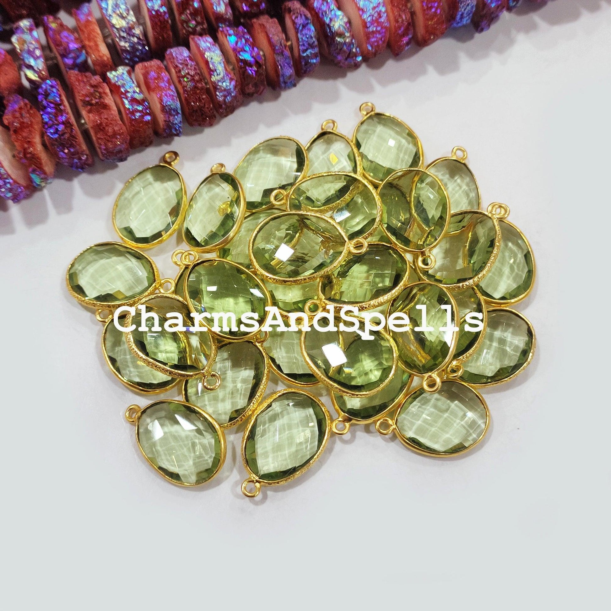 Green Amethyst Connectors, Faceted Single Bail Connectors, 14K Gold Plated Connectors, Charm Pendant Connectors - Charms And Spells