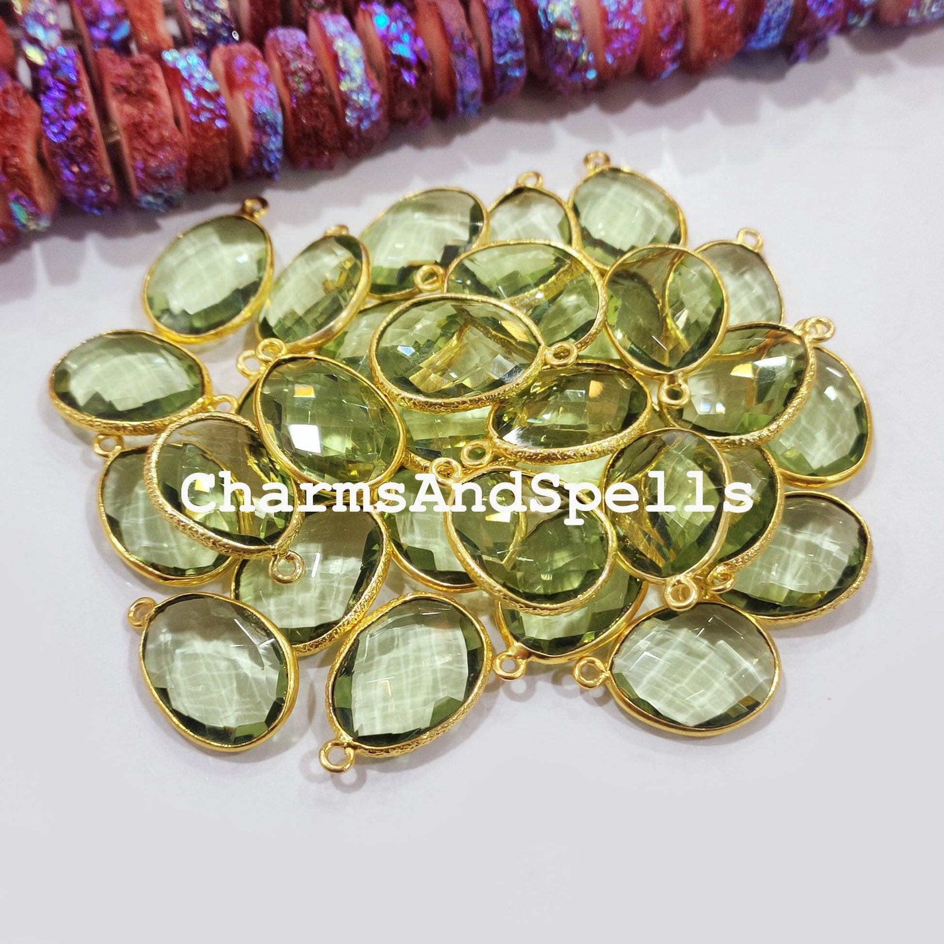 Green Amethyst Connectors, Faceted Single Bail Connectors, 14K Gold Plated Connectors, Charm Pendant Connectors - Charms And Spells