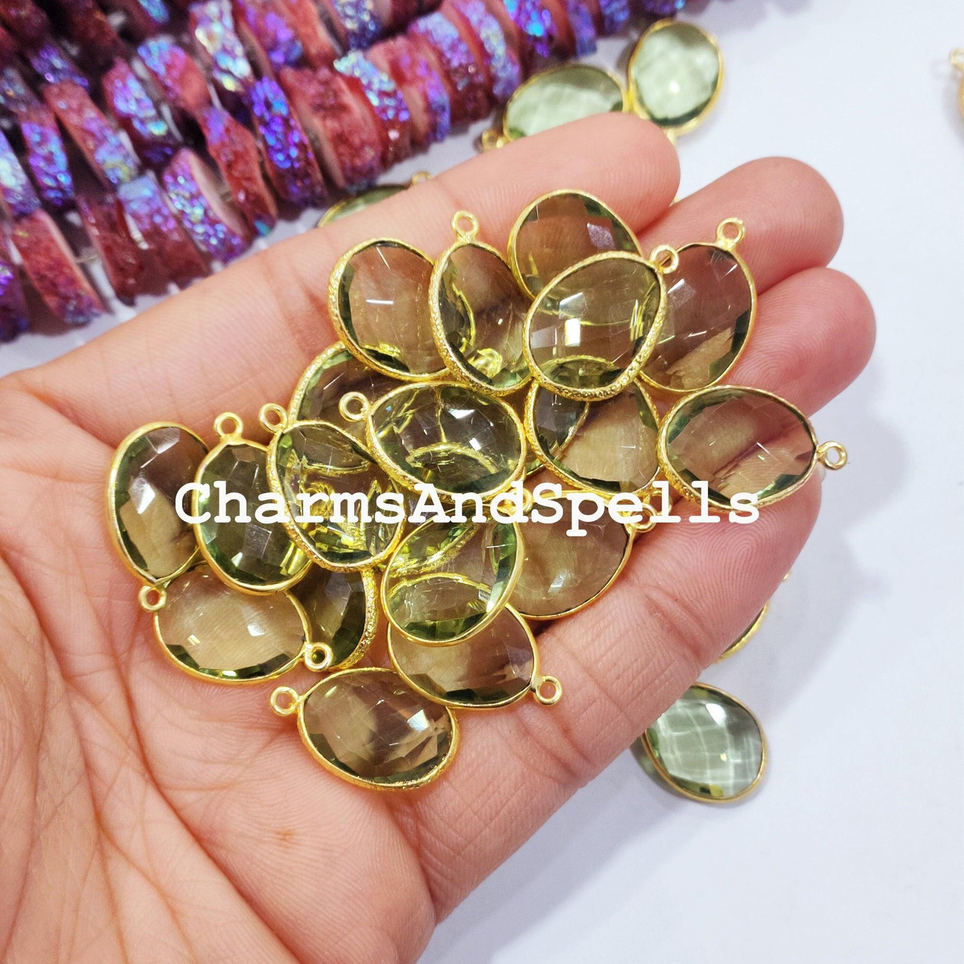 Green Amethyst Connectors, Faceted Single Bail Connectors, 14K Gold Plated Connectors, Charm Pendant Connectors - Charms And Spells