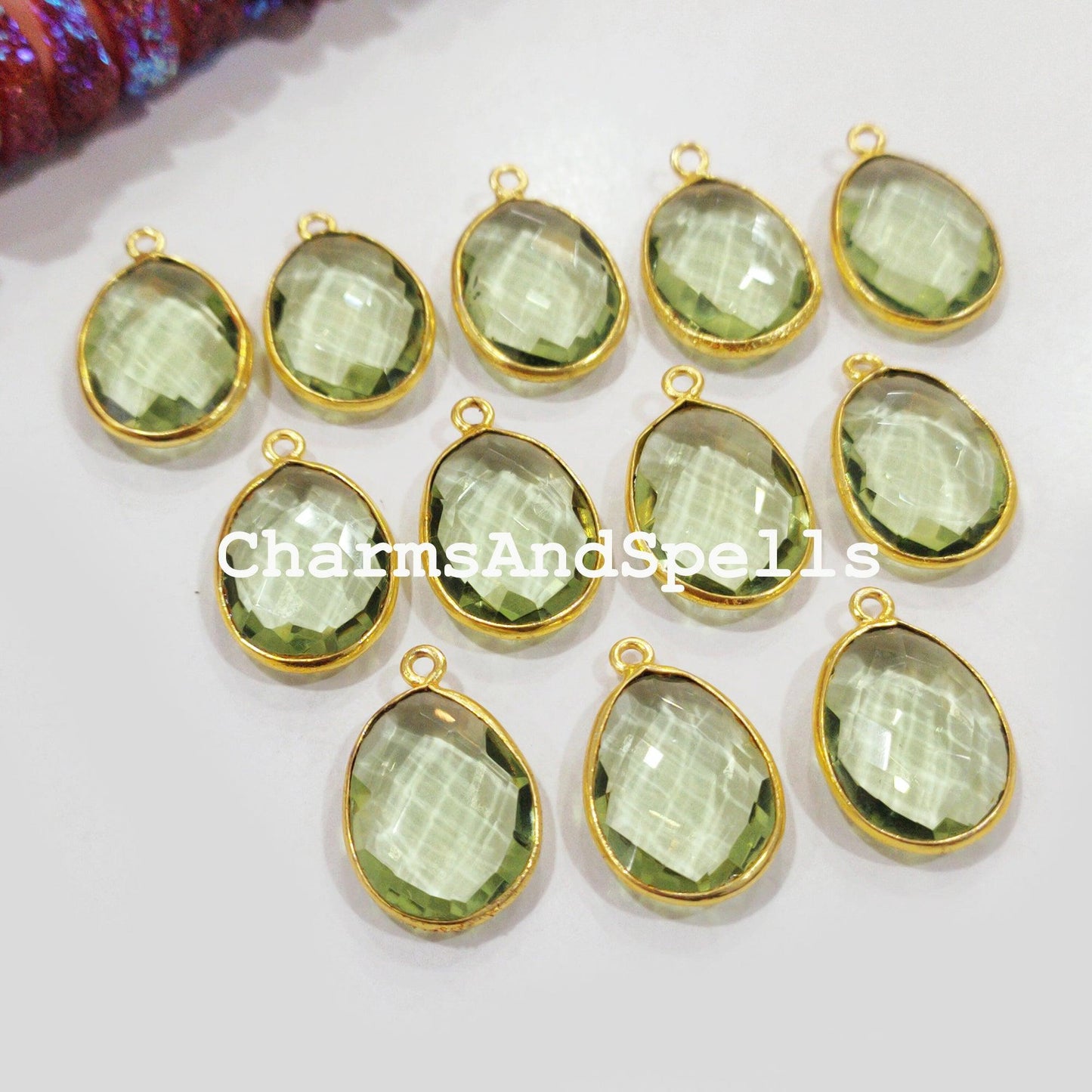 Green Amethyst Connectors, Faceted Single Bail Connectors, 14K Gold Plated Connectors, Charm Pendant Connectors - Charms And Spells