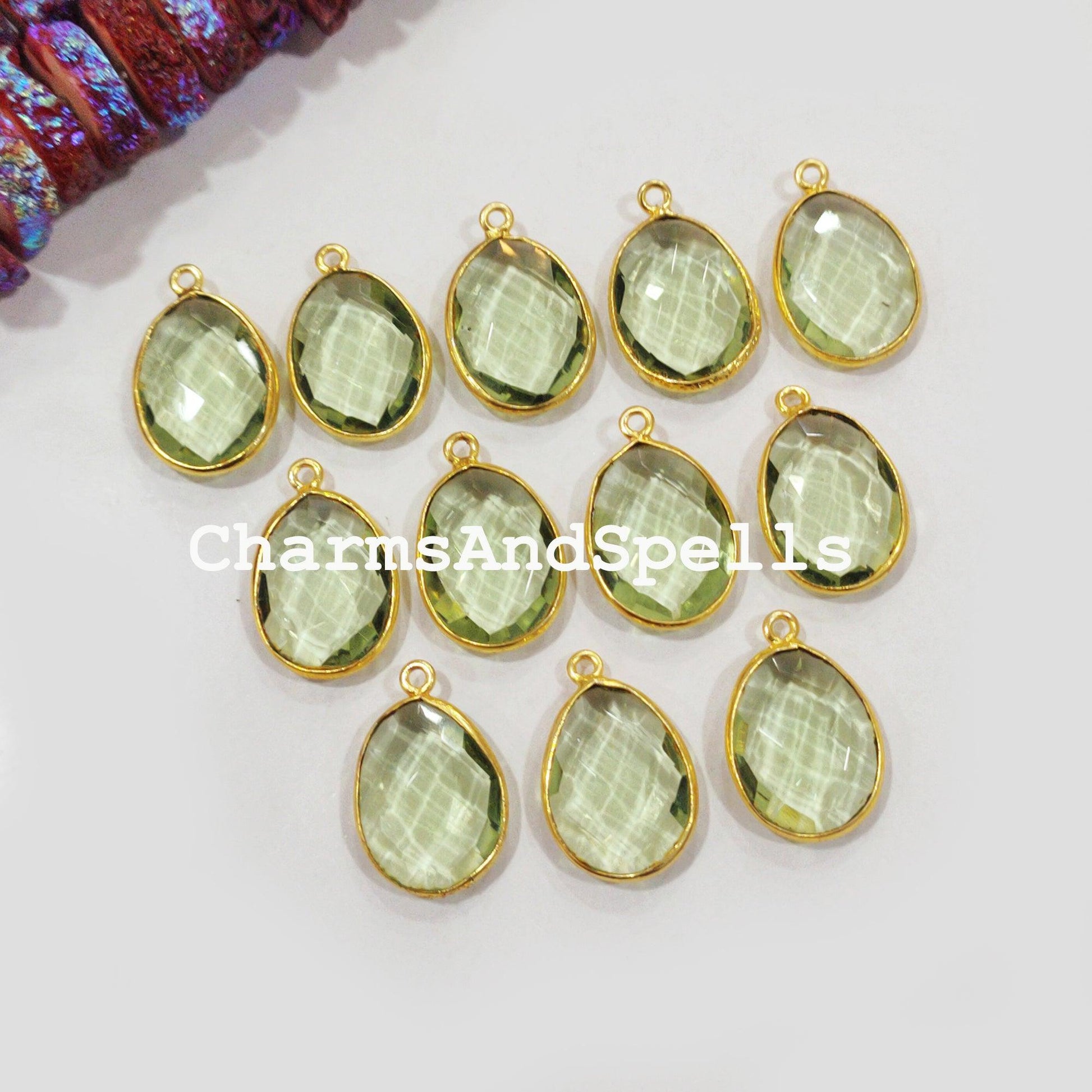 Green Amethyst Connectors, Faceted Single Bail Connectors, 14K Gold Plated Connectors, Charm Pendant Connectors - Charms And Spells