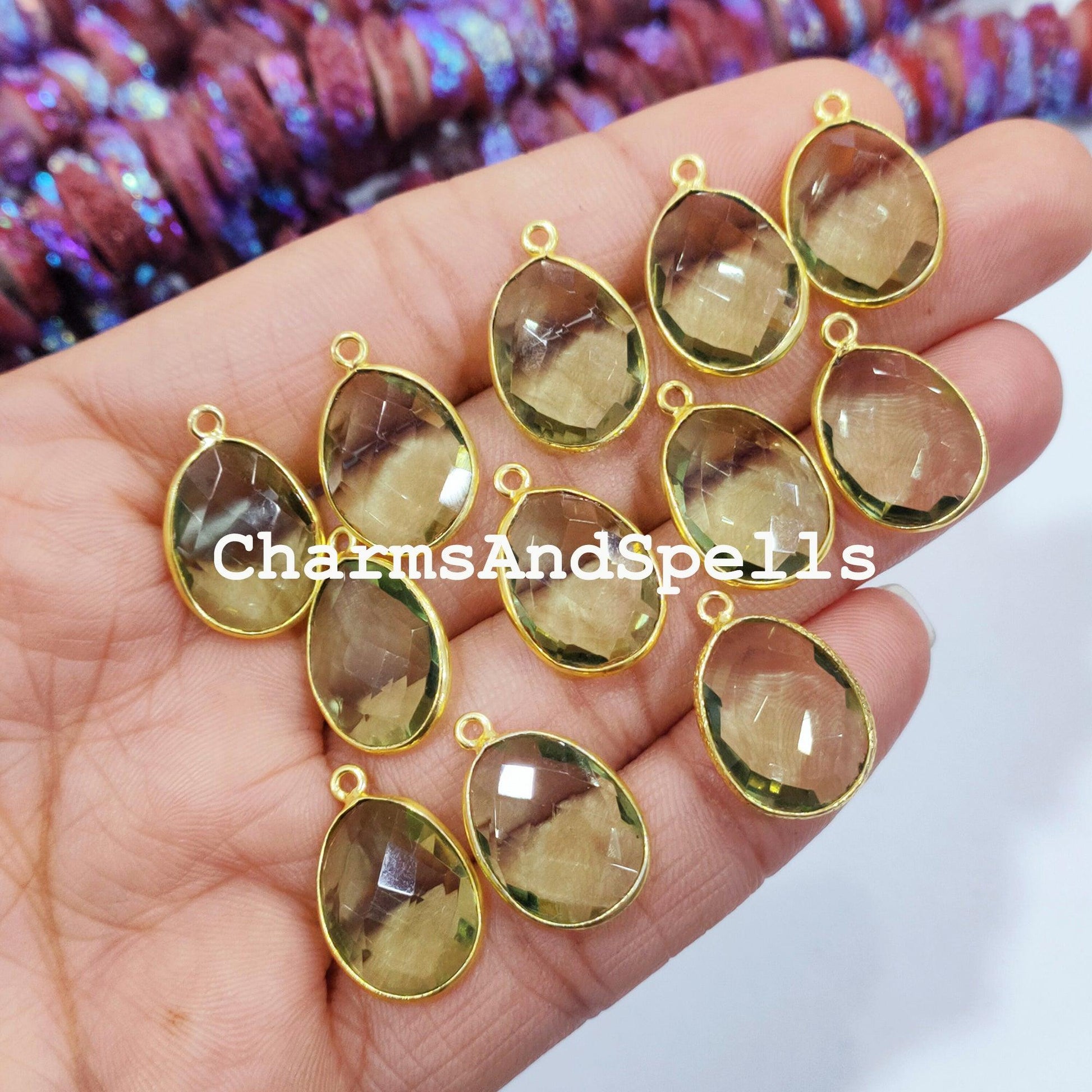 Green Amethyst Connectors, Faceted Single Bail Connectors, 14K Gold Plated Connectors, Charm Pendant Connectors - Charms And Spells