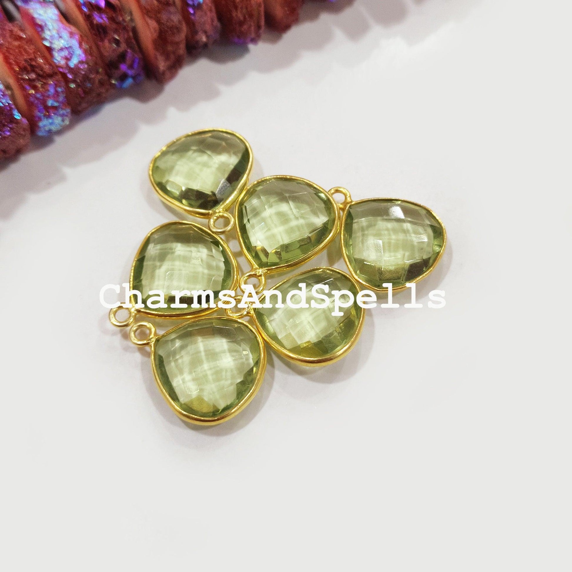 Green amethyst color quartz connector, Bezel set, Gold Plated, Earring Connector, Charms, Earring Findings - Charms And Spells