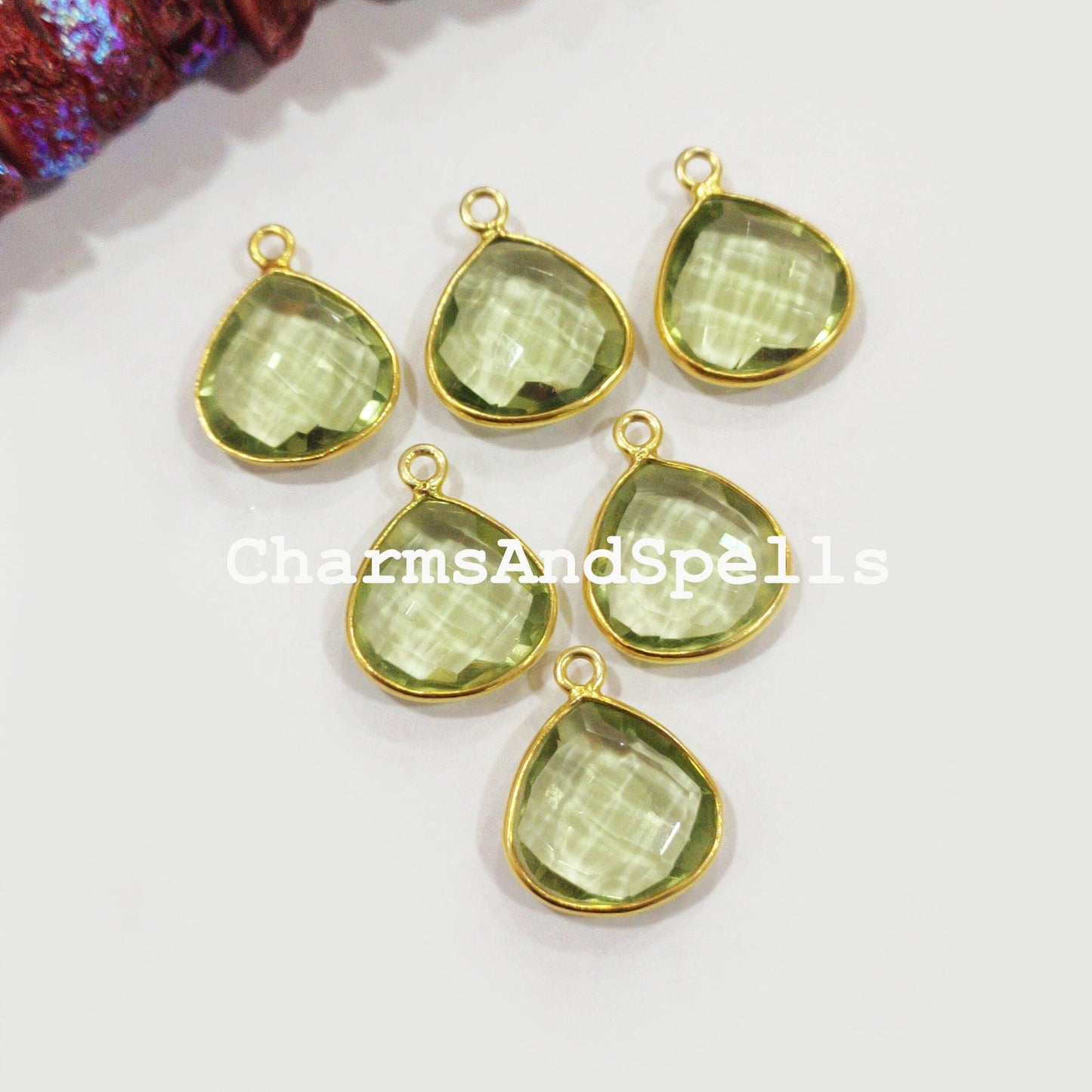 Green amethyst color quartz connector, Bezel set, Gold Plated, Earring Connector, Charms, Earring Findings - Charms And Spells