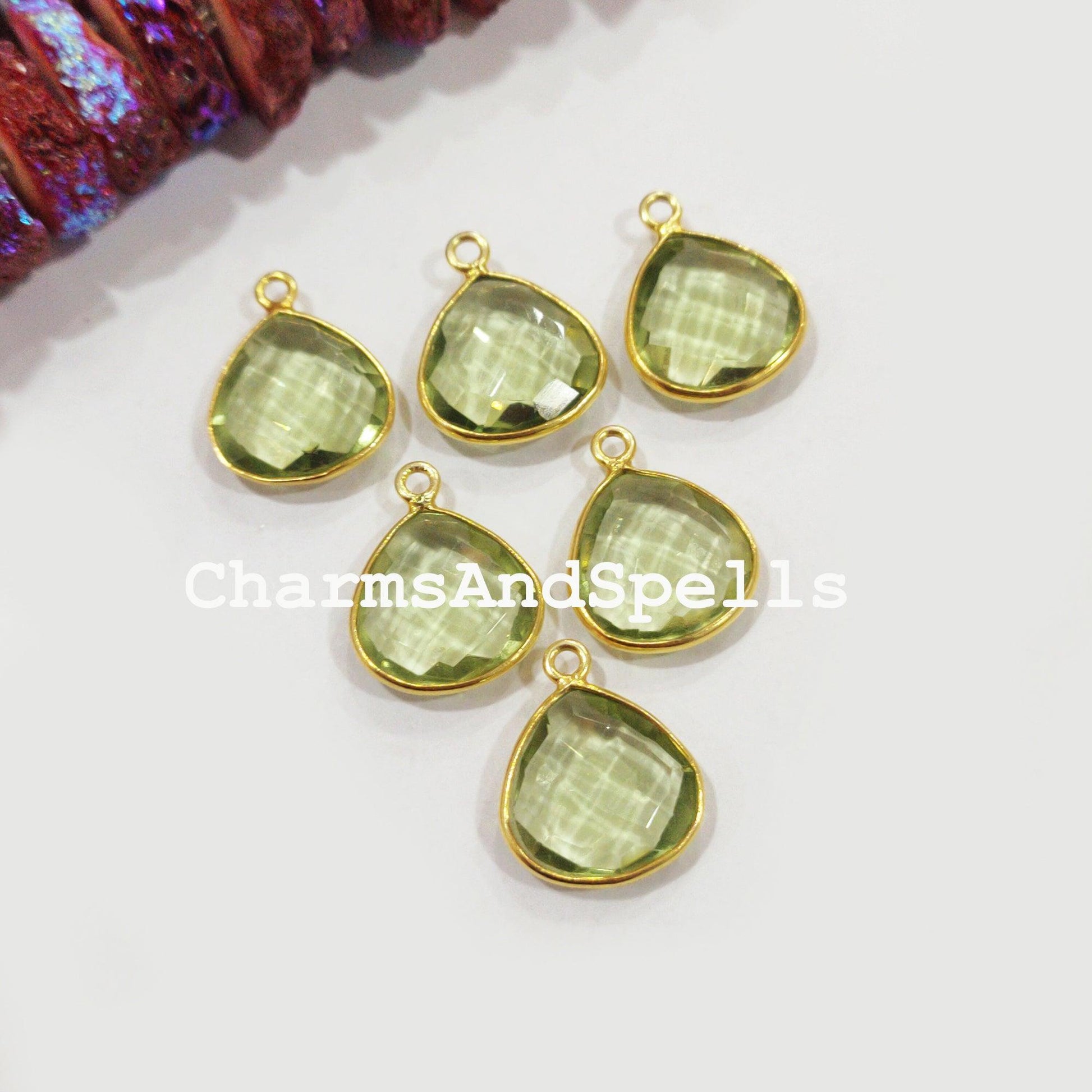 Green amethyst color quartz connector, Bezel set, Gold Plated, Earring Connector, Charms, Earring Findings - Charms And Spells