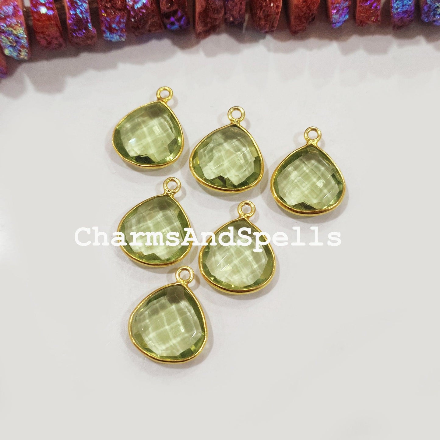 Green amethyst color quartz connector, Bezel set, Gold Plated, Earring Connector, Charms, Earring Findings - Charms And Spells