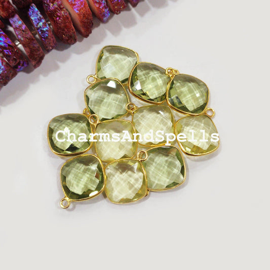 Green Amethyst Quartz Cushion Gold Plated Bezel Connectors, Green Amethyst Gemstone Connector - Charms And Spells