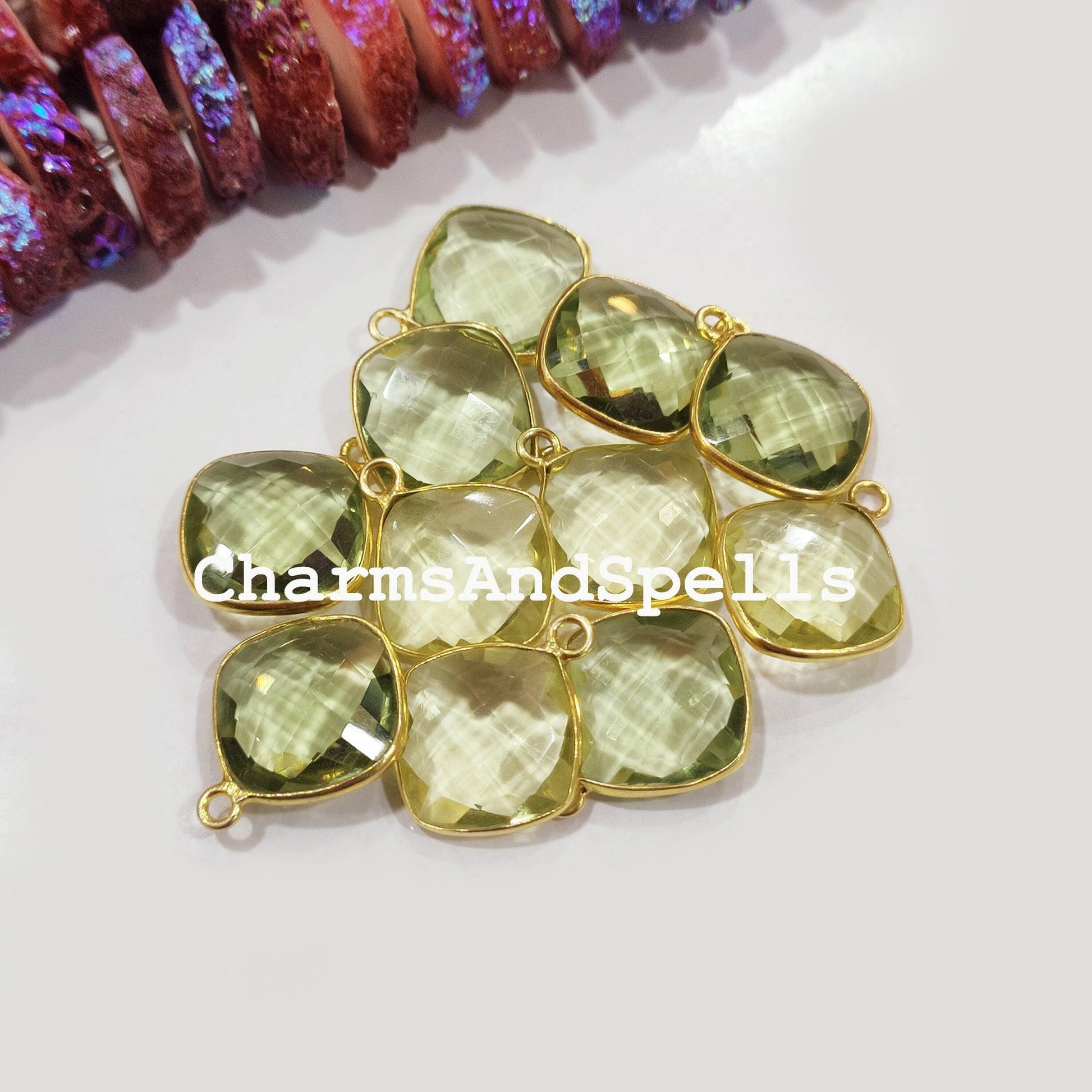 Green Amethyst Quartz Cushion Gold Plated Bezel Connectors, Green Amethyst Gemstone Connector - Charms And Spells